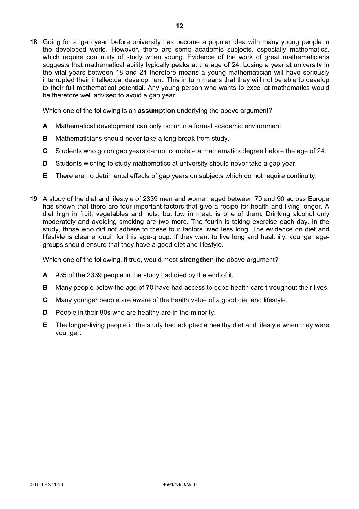 Cambridge A Level Thinking Skills 9694 2010 Oct/Nov Paper 1 · Variant 3 question paper, page 12 of 20