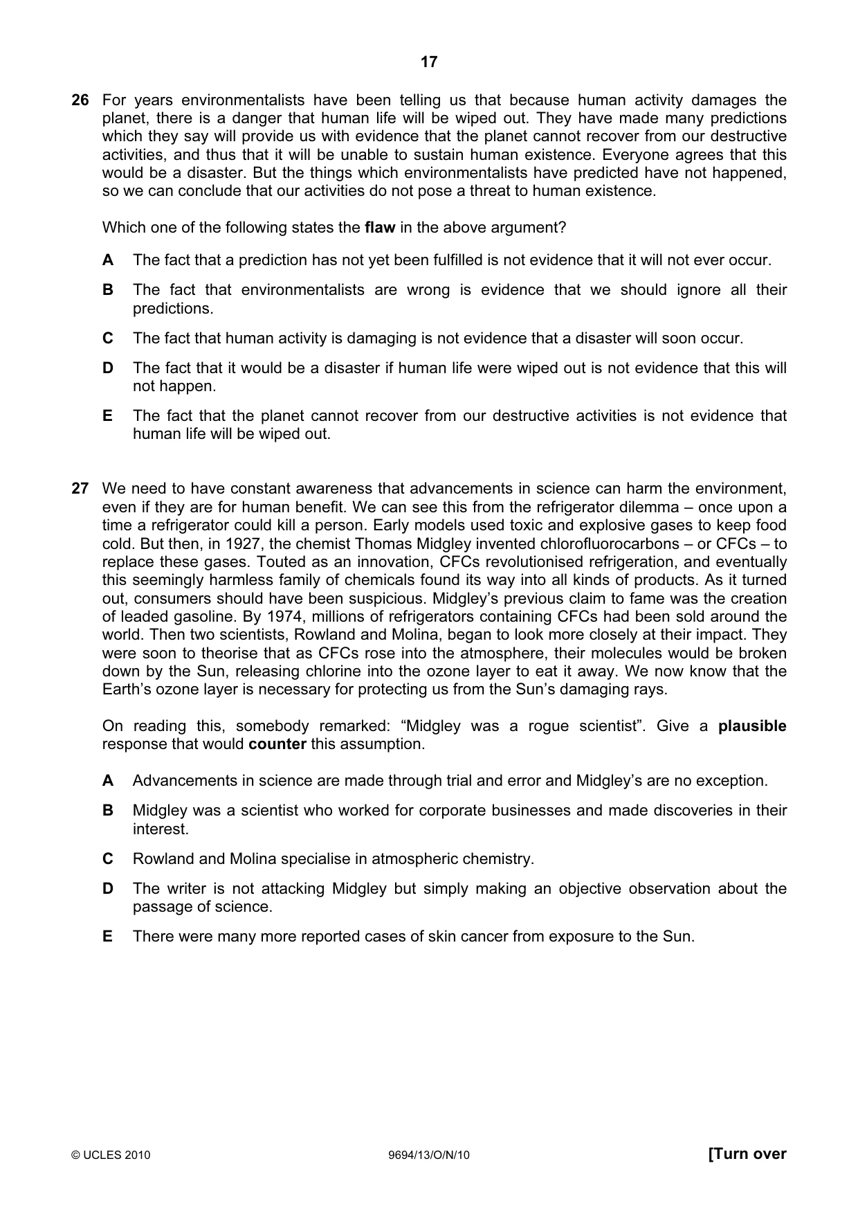Cambridge A Level Thinking Skills 9694 2010 Oct/Nov Paper 1 · Variant 3 question paper, page 17 of 20