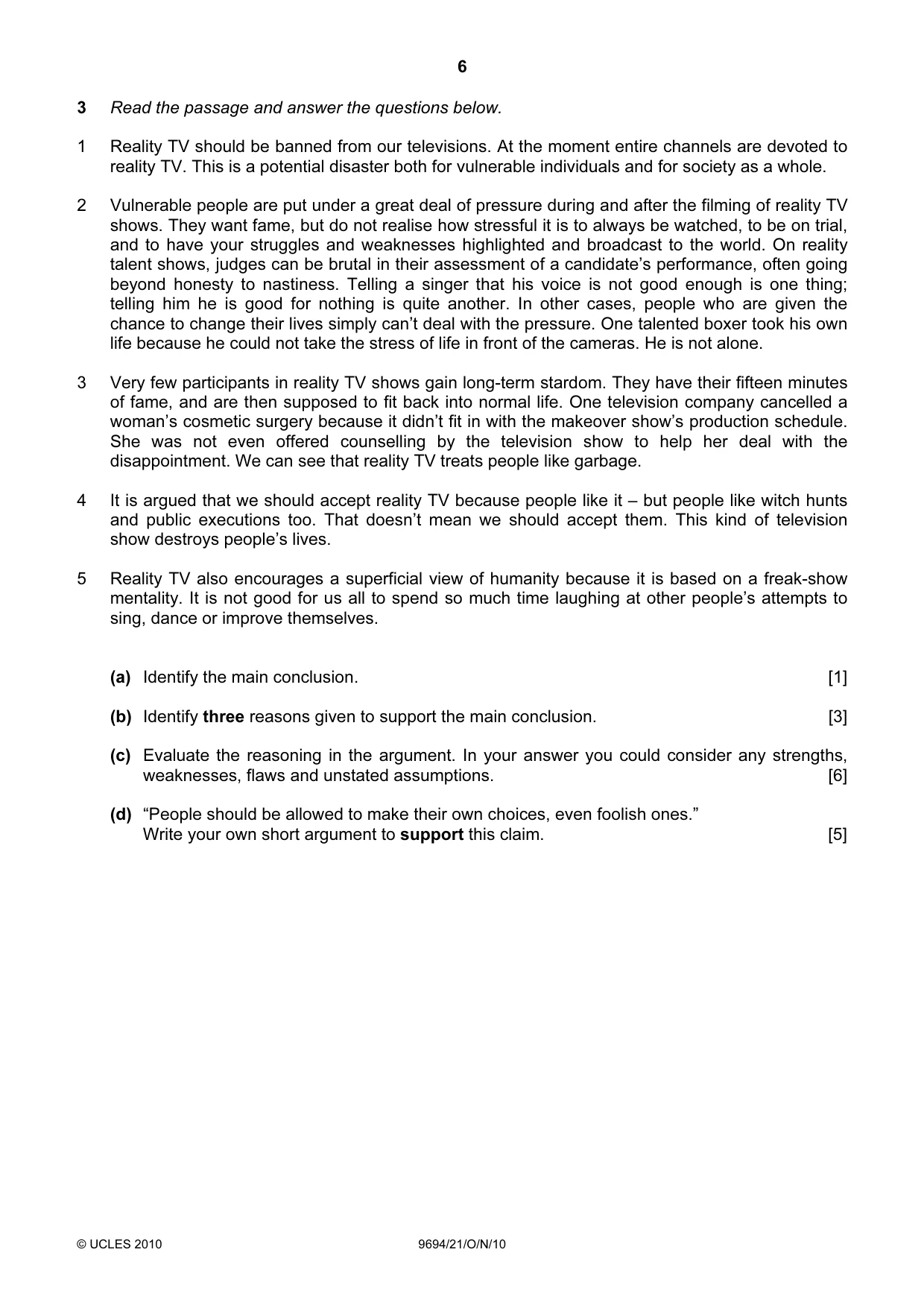 Cambridge A Level Thinking Skills 9694 2010 Oct/Nov Paper 2 · Variant 1 question paper, page 6 of 8