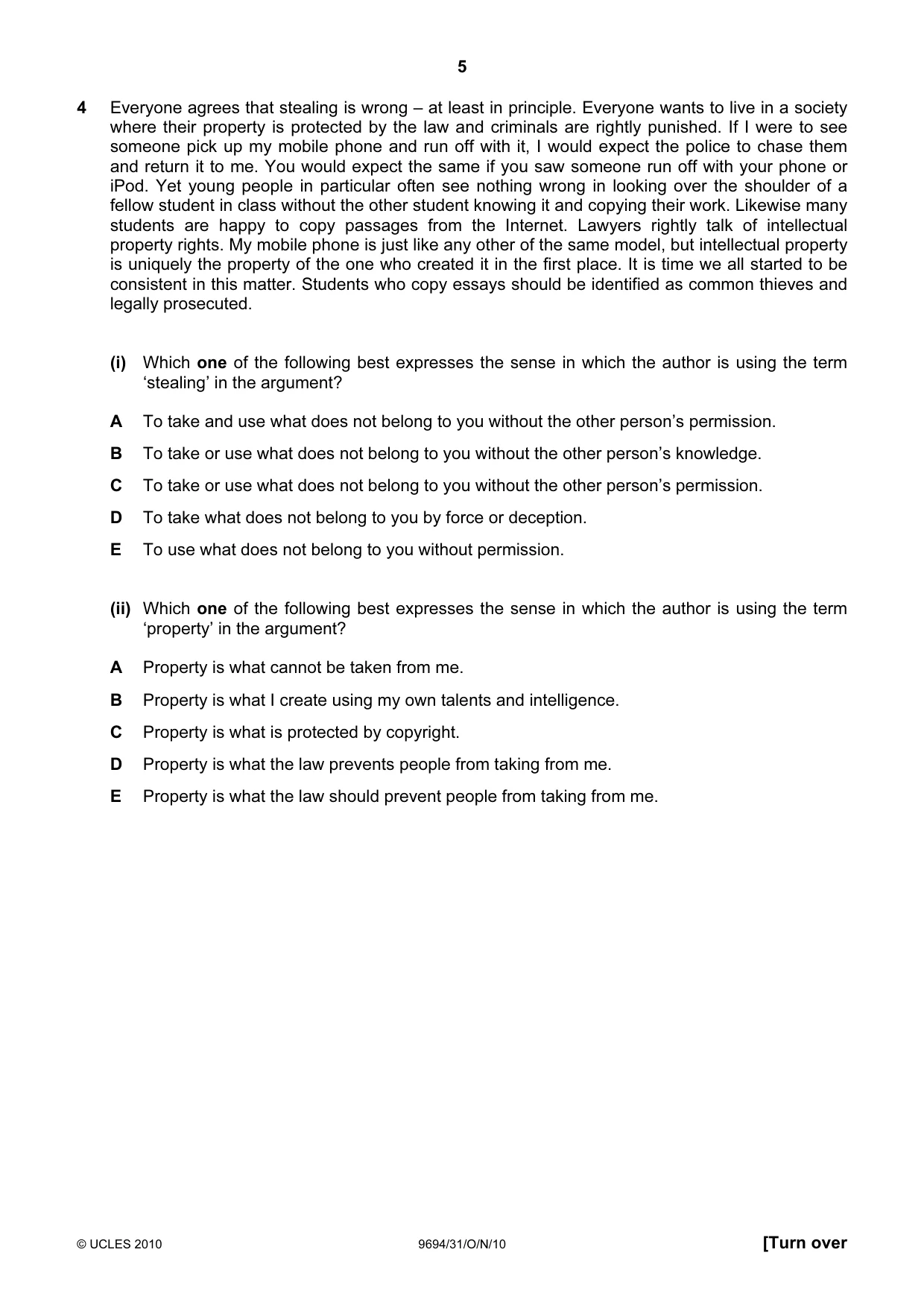 Cambridge A Level Thinking Skills 9694 2010 Oct/Nov Paper 3 · Variant 1 question paper, page 5 of 24