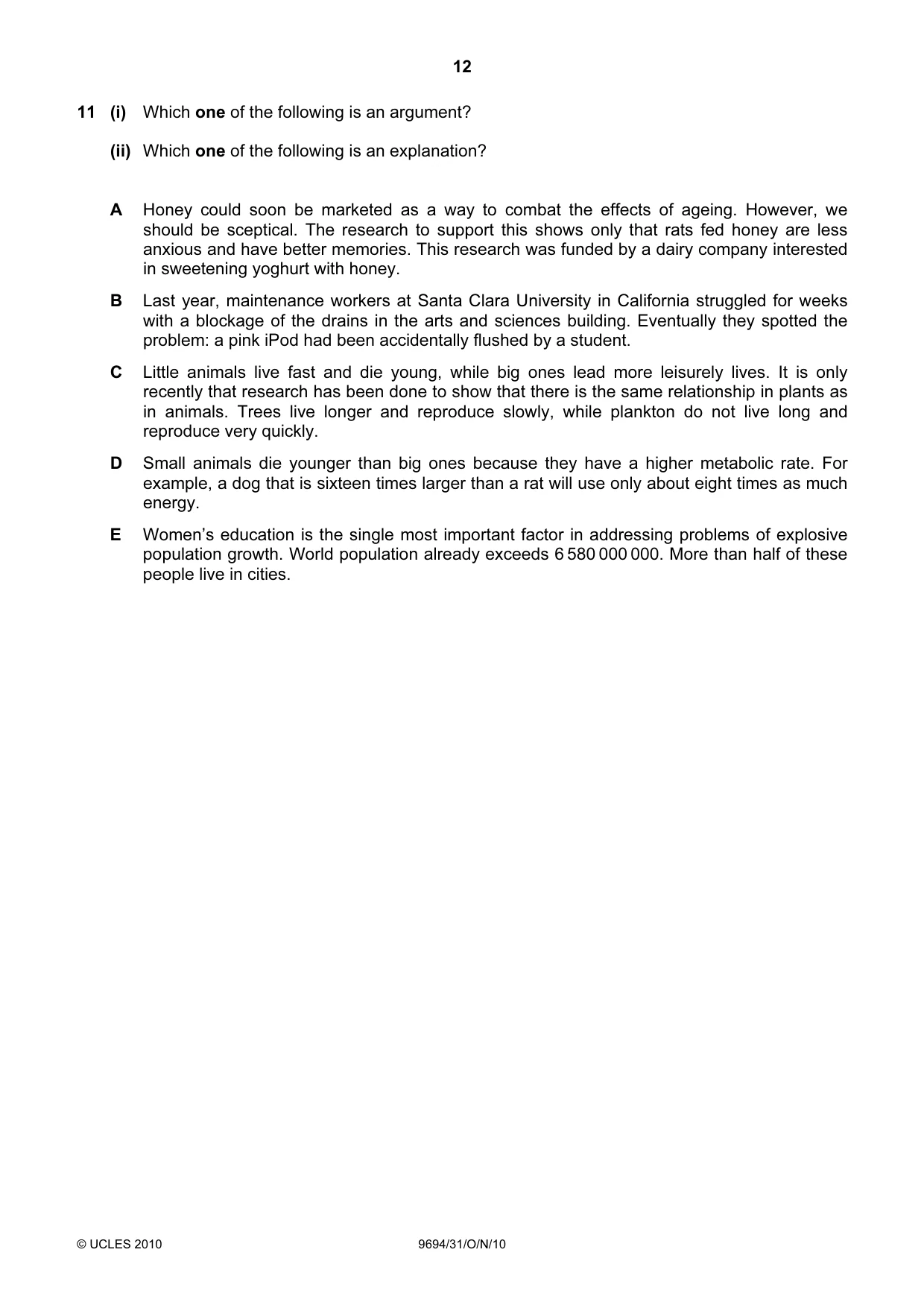 Cambridge A Level Thinking Skills 9694 2010 Oct/Nov Paper 3 · Variant 1 question paper, page 12 of 24