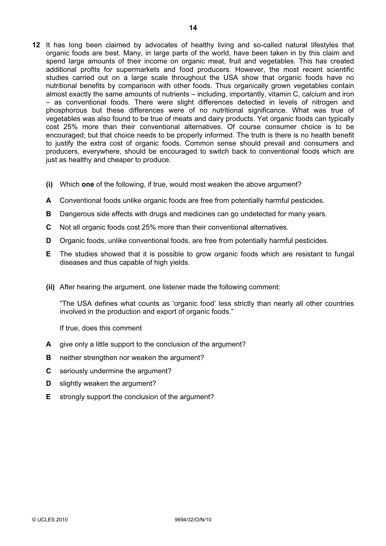 Cambridge A Level Thinking Skills 9694 2010 Oct/Nov Paper 3 · Variant 2 question paper, page 14 of 24