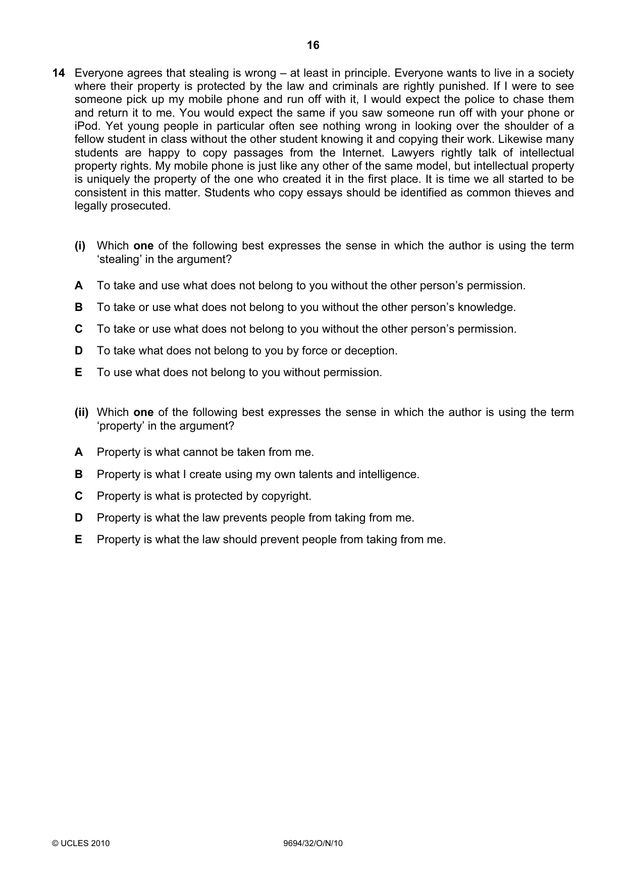 Cambridge A Level Thinking Skills 9694 2010 Oct/Nov Paper 3 · Variant 2 question paper, page 16 of 24