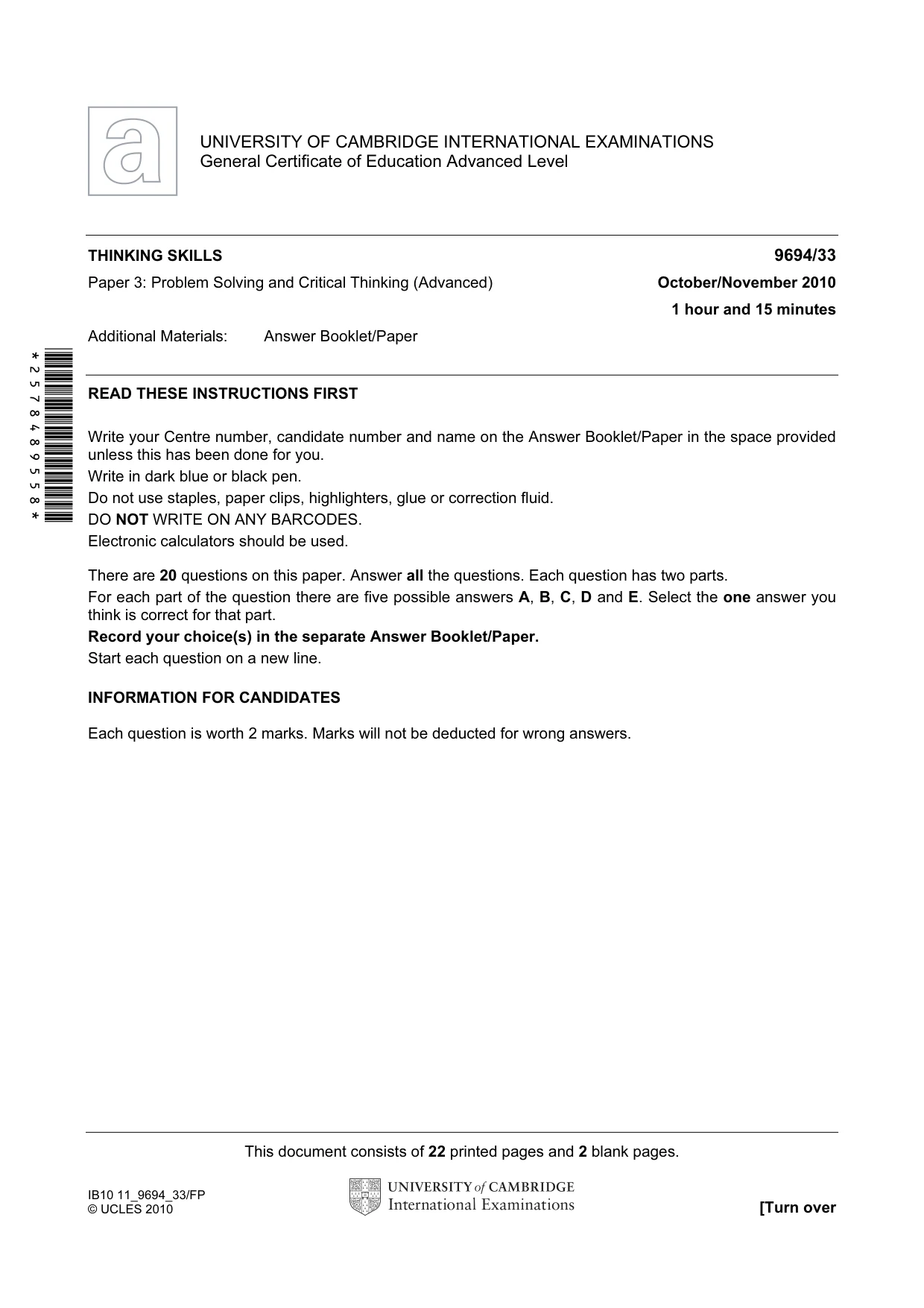 Cambridge A Level Thinking Skills 9694 2010 Oct/Nov Paper 3 · Variant 3 question paper, page 1 of 24
