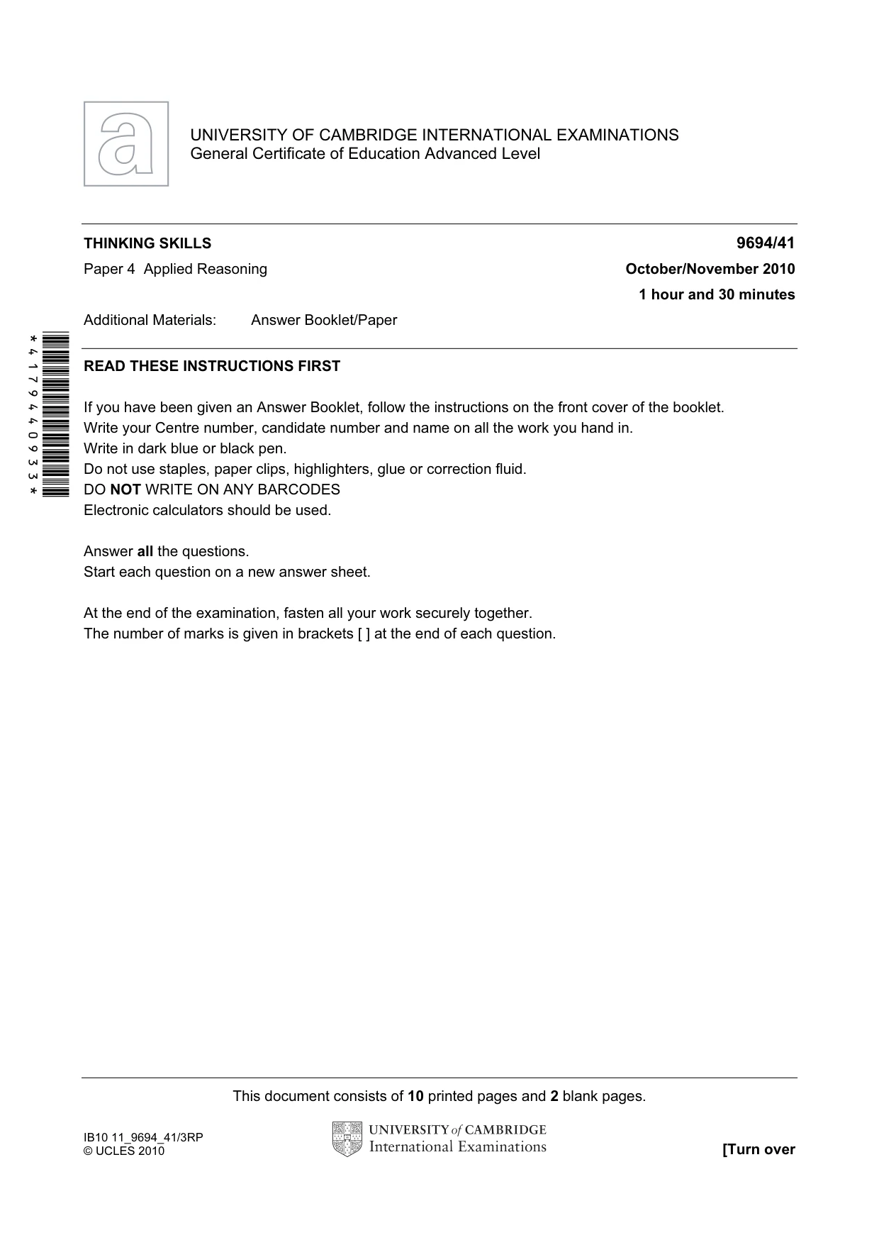 Cambridge A Level Thinking Skills 9694 2010 Oct/Nov Paper 4 · Variant 1 question paper, page 1 of 12