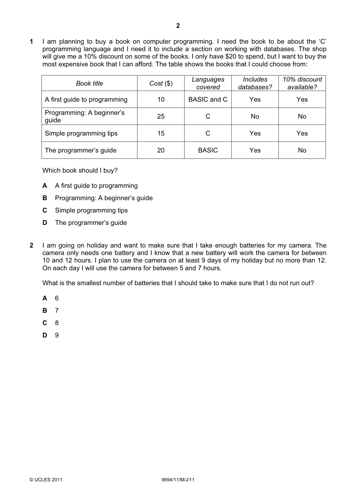 Cambridge A Level Thinking Skills 9694 2011 May/June Paper 1 · Variant 1 question paper, page 2 of 20