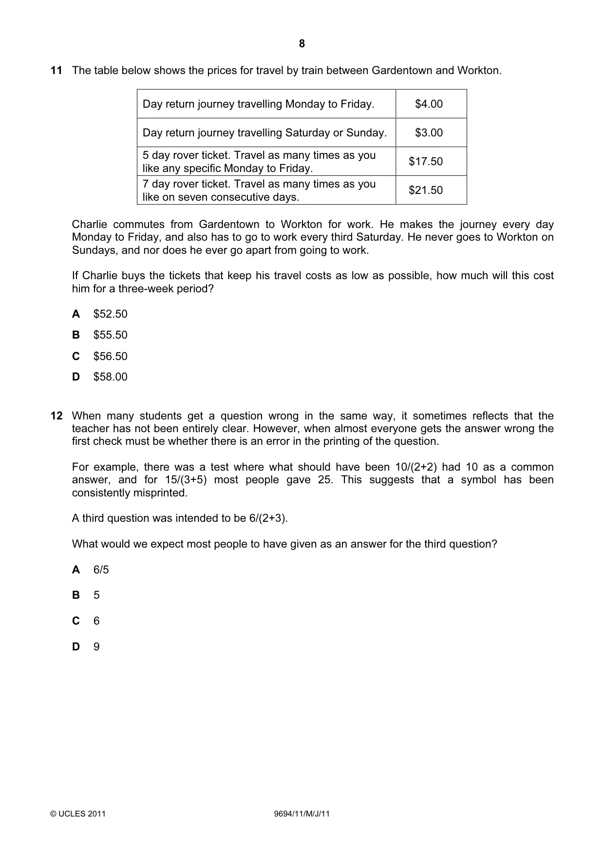 Cambridge A Level Thinking Skills 9694 2011 May/June Paper 1 · Variant 1 question paper, page 8 of 20