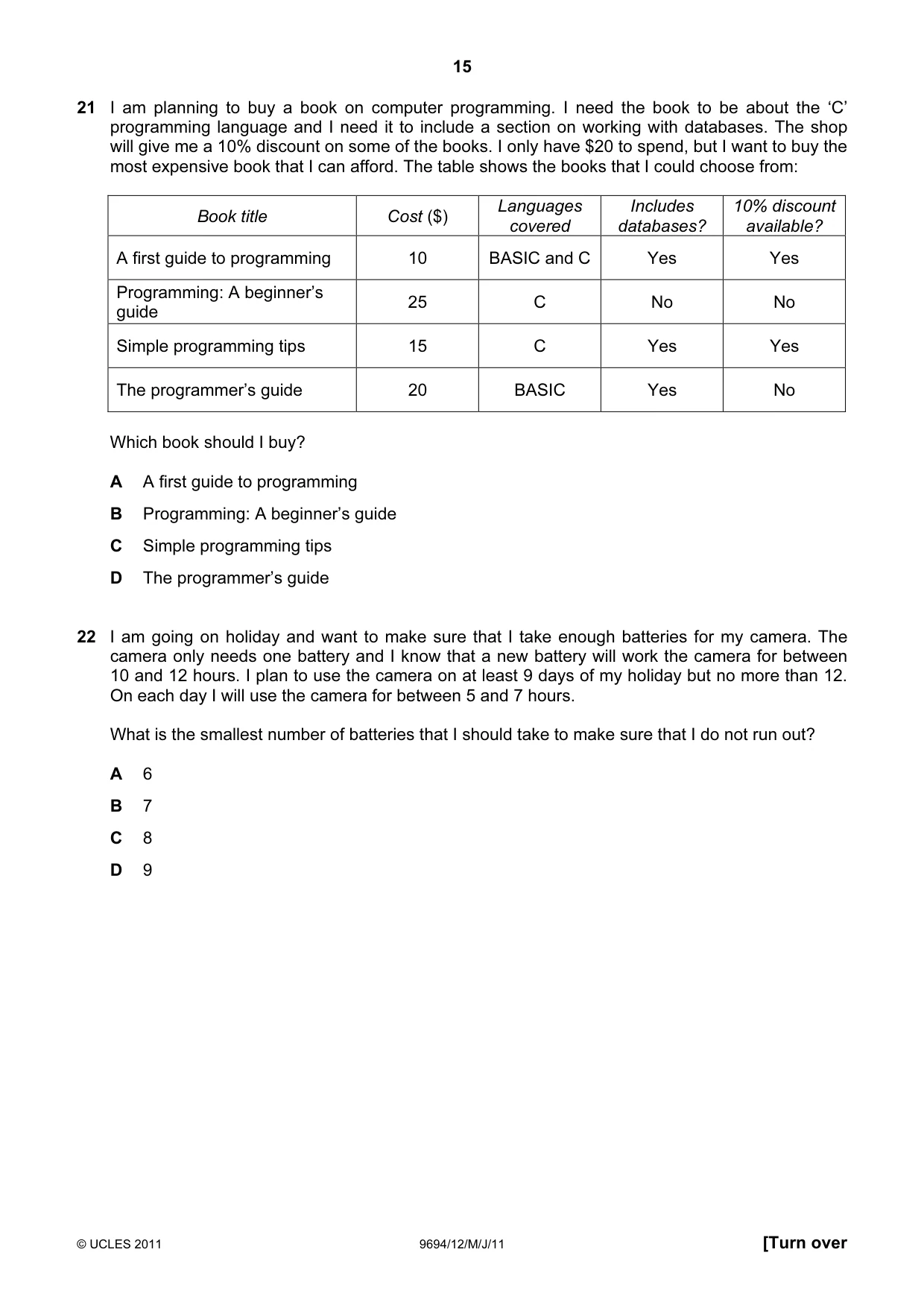 Cambridge A Level Thinking Skills 9694 2011 May/June Paper 1 · Variant 2 question paper, page 15 of 20