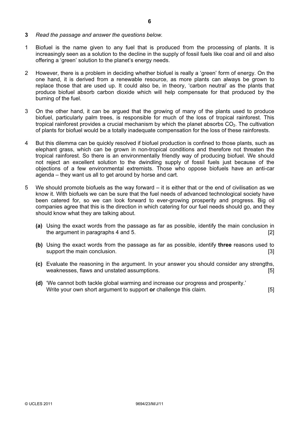 Cambridge A Level Thinking Skills 9694 2011 May/June Paper 2 · Variant 3 question paper, page 6 of 8
