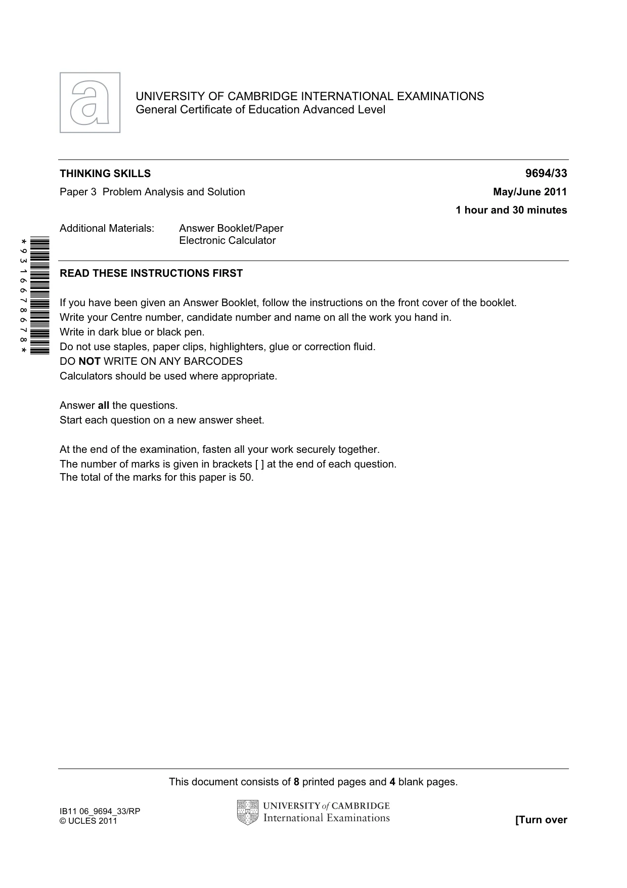 Cambridge A Level Thinking Skills 9694 2011 May/June Paper 3 · Variant 3 question paper, page 1 of 12