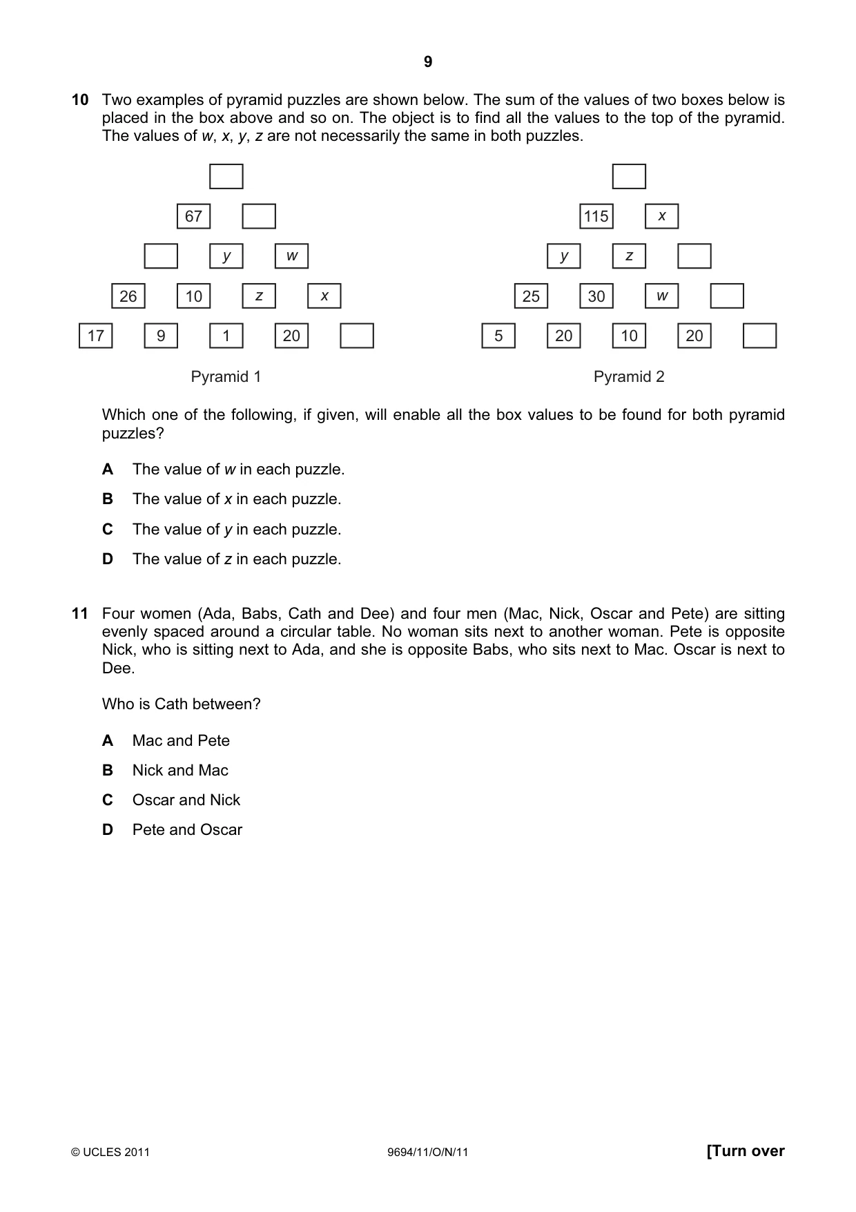 Cambridge A Level Thinking Skills 9694 2011 Oct/Nov Paper 1 · Variant 1 question paper, page 9 of 20