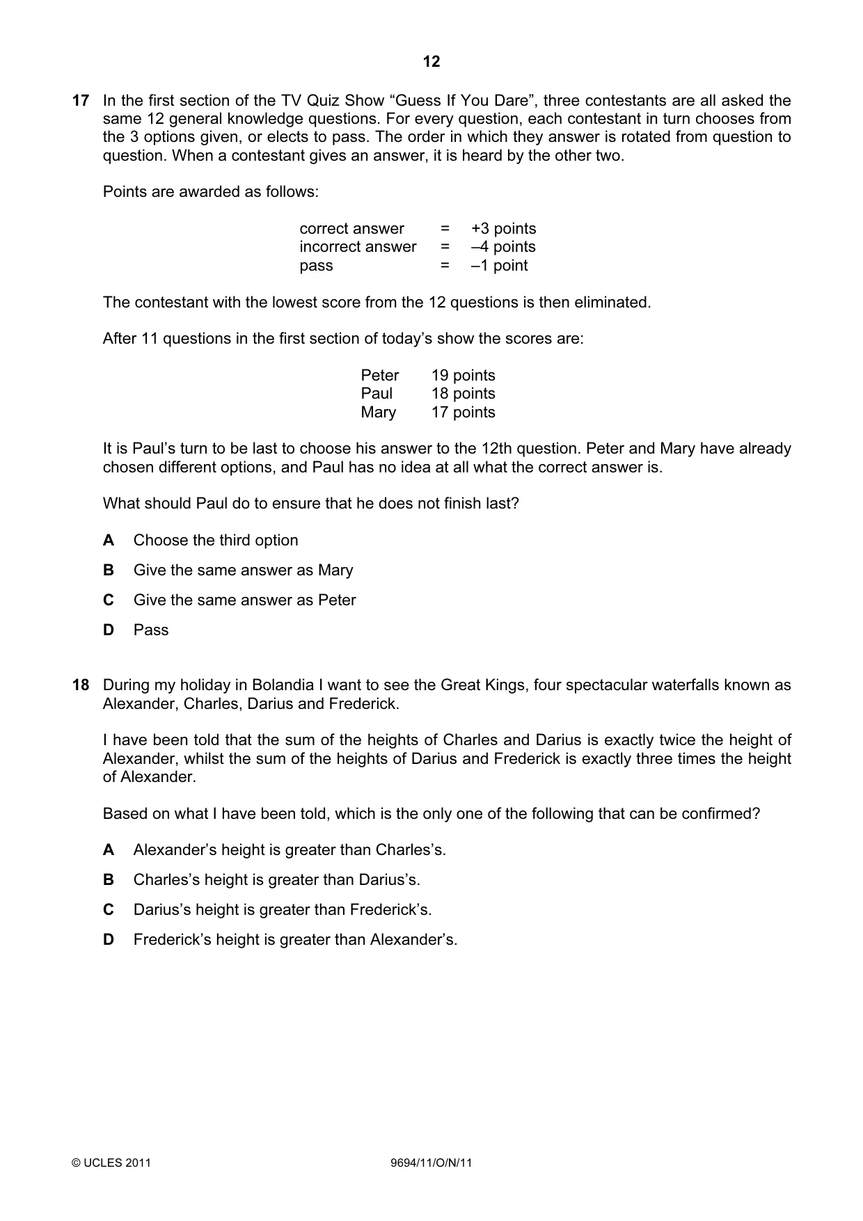 Cambridge A Level Thinking Skills 9694 2011 Oct/Nov Paper 1 · Variant 1 question paper, page 12 of 20
