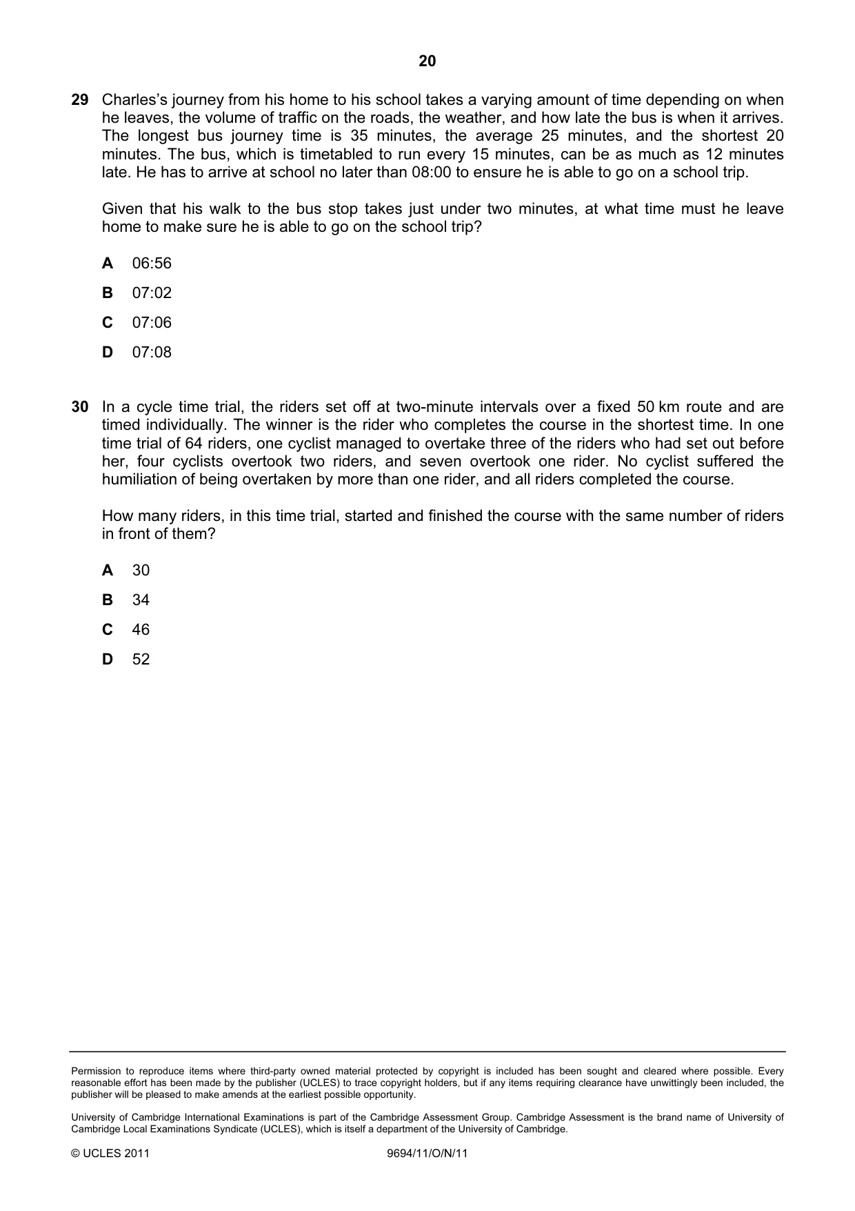 Cambridge A Level Thinking Skills 9694 2011 Oct/Nov Paper 1 · Variant 1 question paper, page 20 of 20