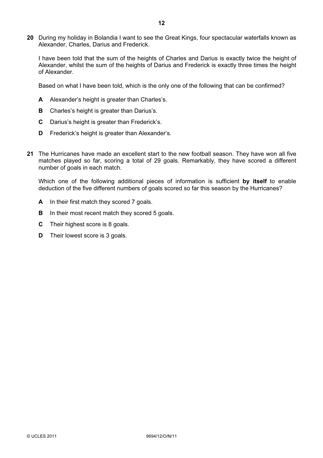 Cambridge A Level Thinking Skills 9694 2011 Oct/Nov Paper 1 · Variant 2 question paper, page 12 of 20