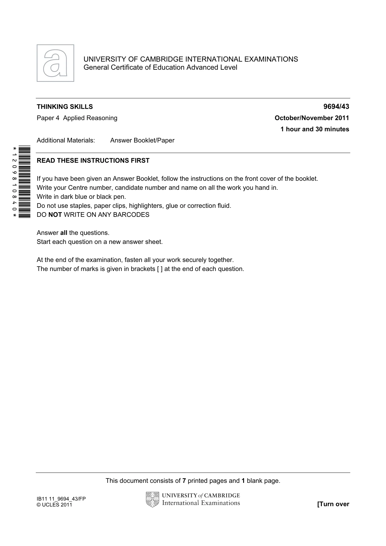 Cambridge A Level Thinking Skills 9694 2011 Oct/Nov Paper 4 · Variant 3 question paper, page 1 of 8