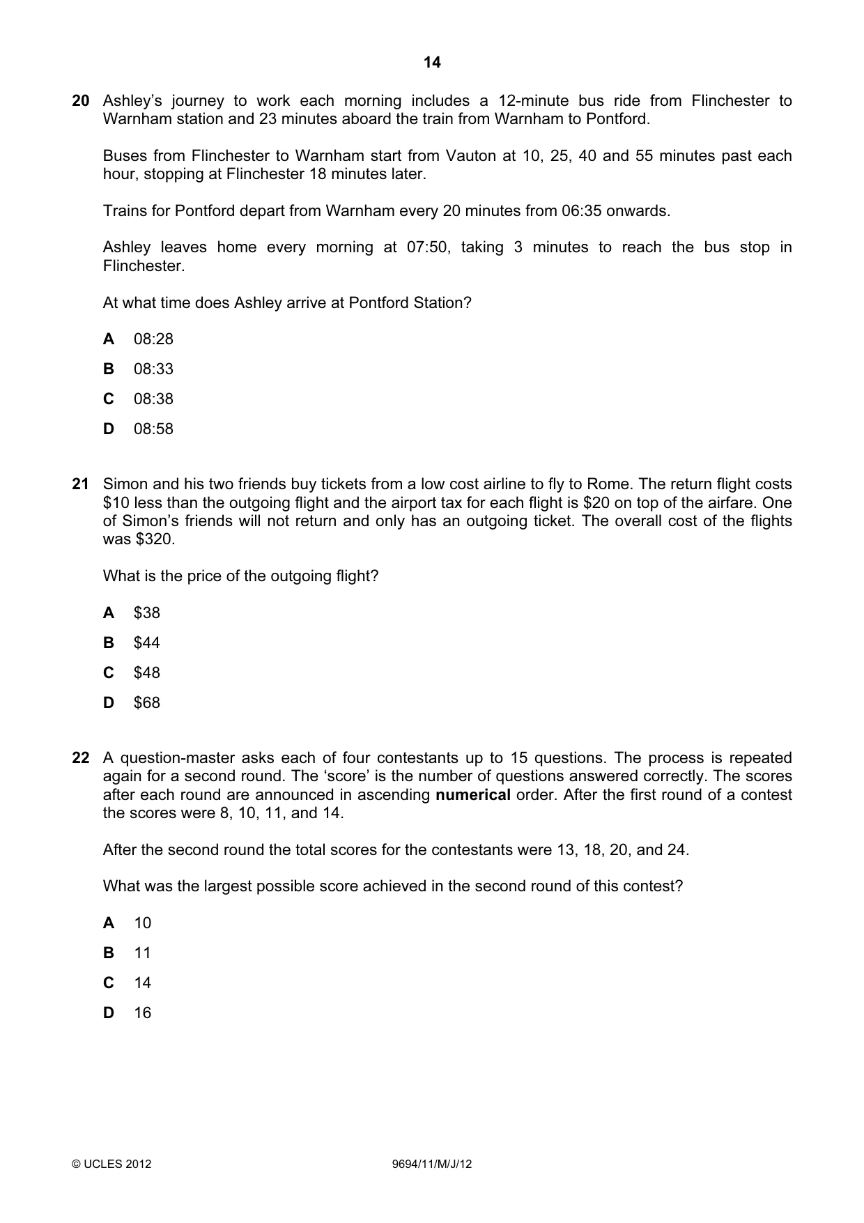Cambridge A Level Thinking Skills 9694 2012 May/June Paper 1 · Variant 1 question paper, page 14 of 20