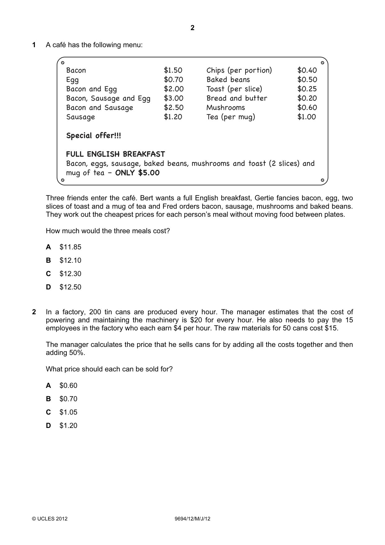 Cambridge A Level Thinking Skills 9694 2012 May/June Paper 1 · Variant 2 question paper, page 2 of 20