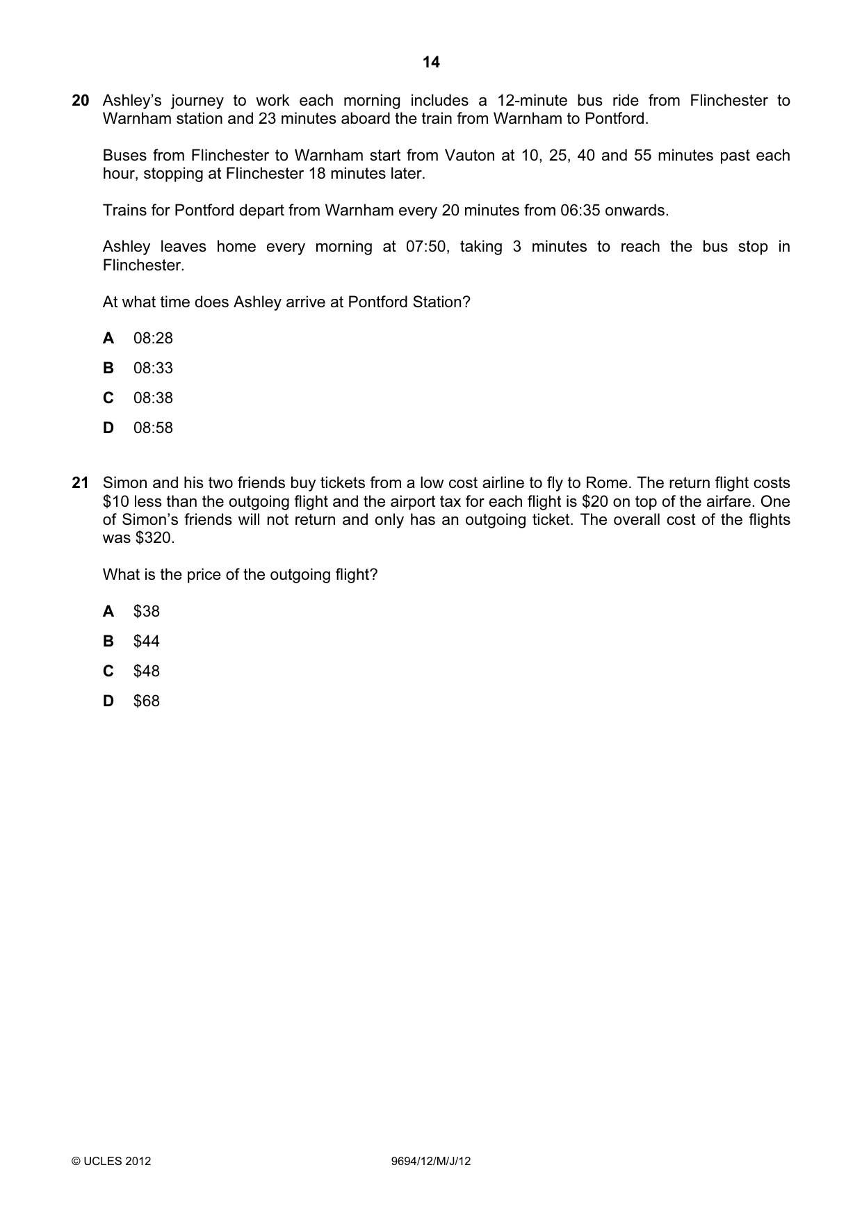 Cambridge A Level Thinking Skills 9694 2012 May/June Paper 1 · Variant 2 question paper, page 14 of 20