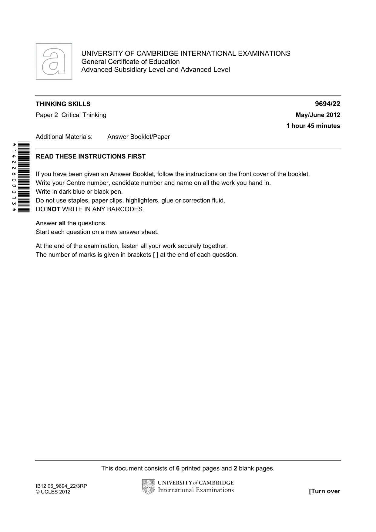 Cambridge A Level Thinking Skills 9694 2012 May/June Paper 2 · Variant 2 question paper, page 1 of 8