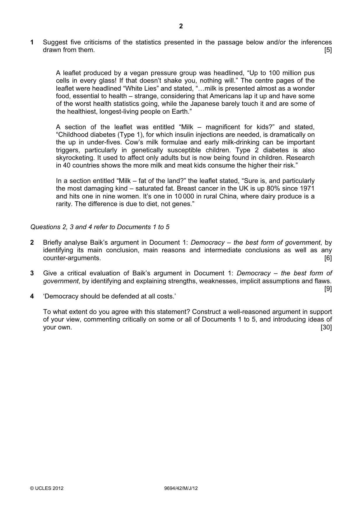 Cambridge A Level Thinking Skills 9694 2012 May/June Paper 4 · Variant 2 question paper, page 2 of 7