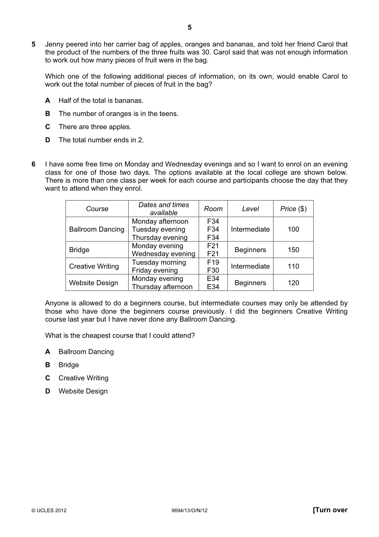 Cambridge A Level Thinking Skills 9694 2012 Oct/Nov Paper 1 · Variant 3 question paper, page 5 of 20