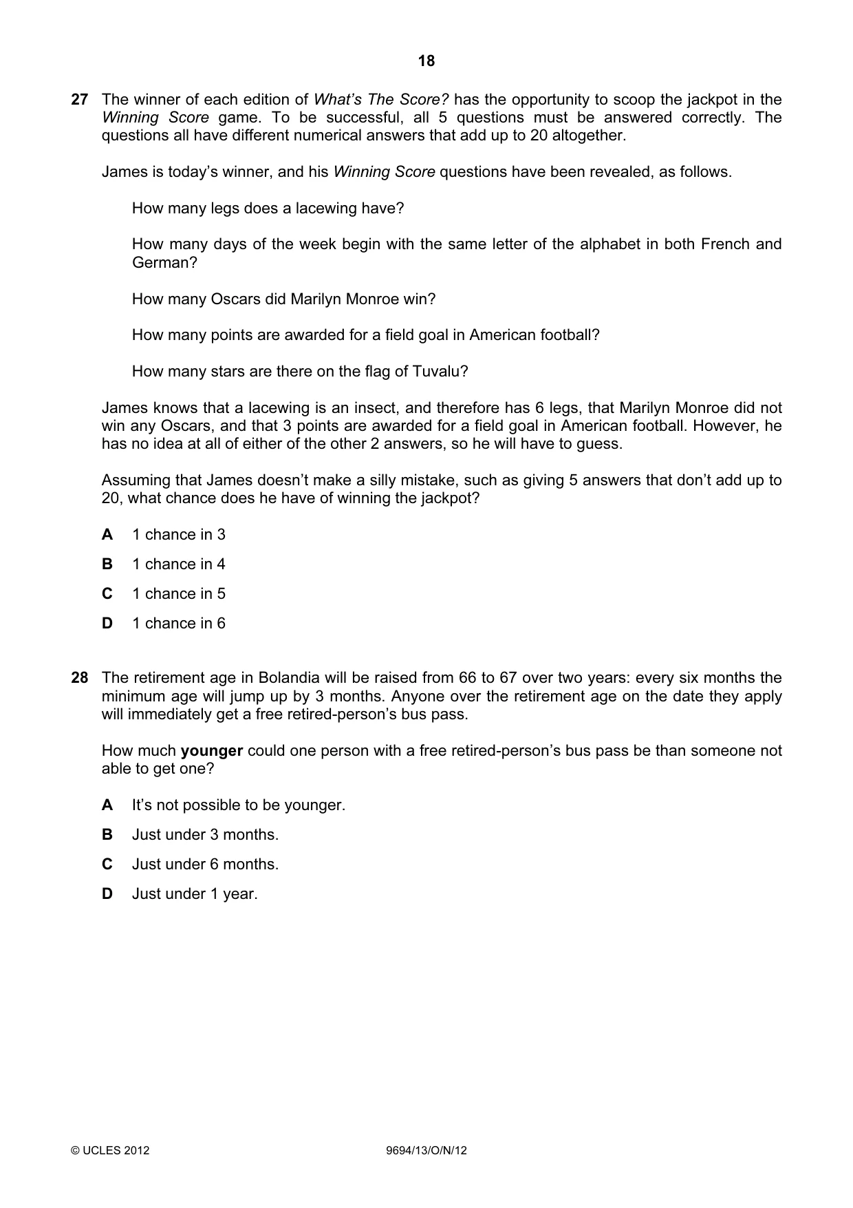 Cambridge A Level Thinking Skills 9694 2012 Oct/Nov Paper 1 · Variant 3 question paper, page 18 of 20
