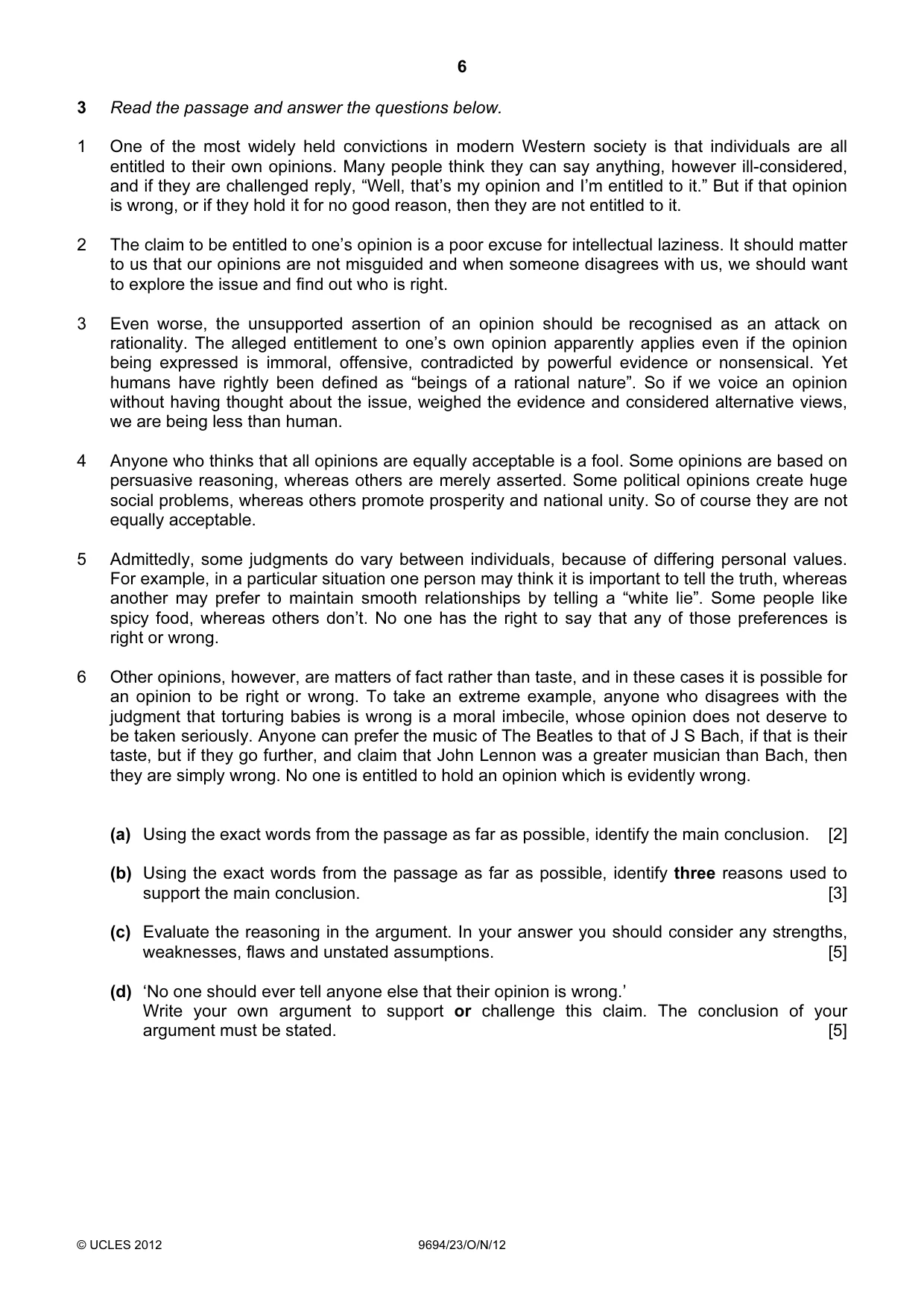 Cambridge A Level Thinking Skills 9694 2012 Oct/Nov Paper 2 · Variant 3 question paper, page 6 of 8