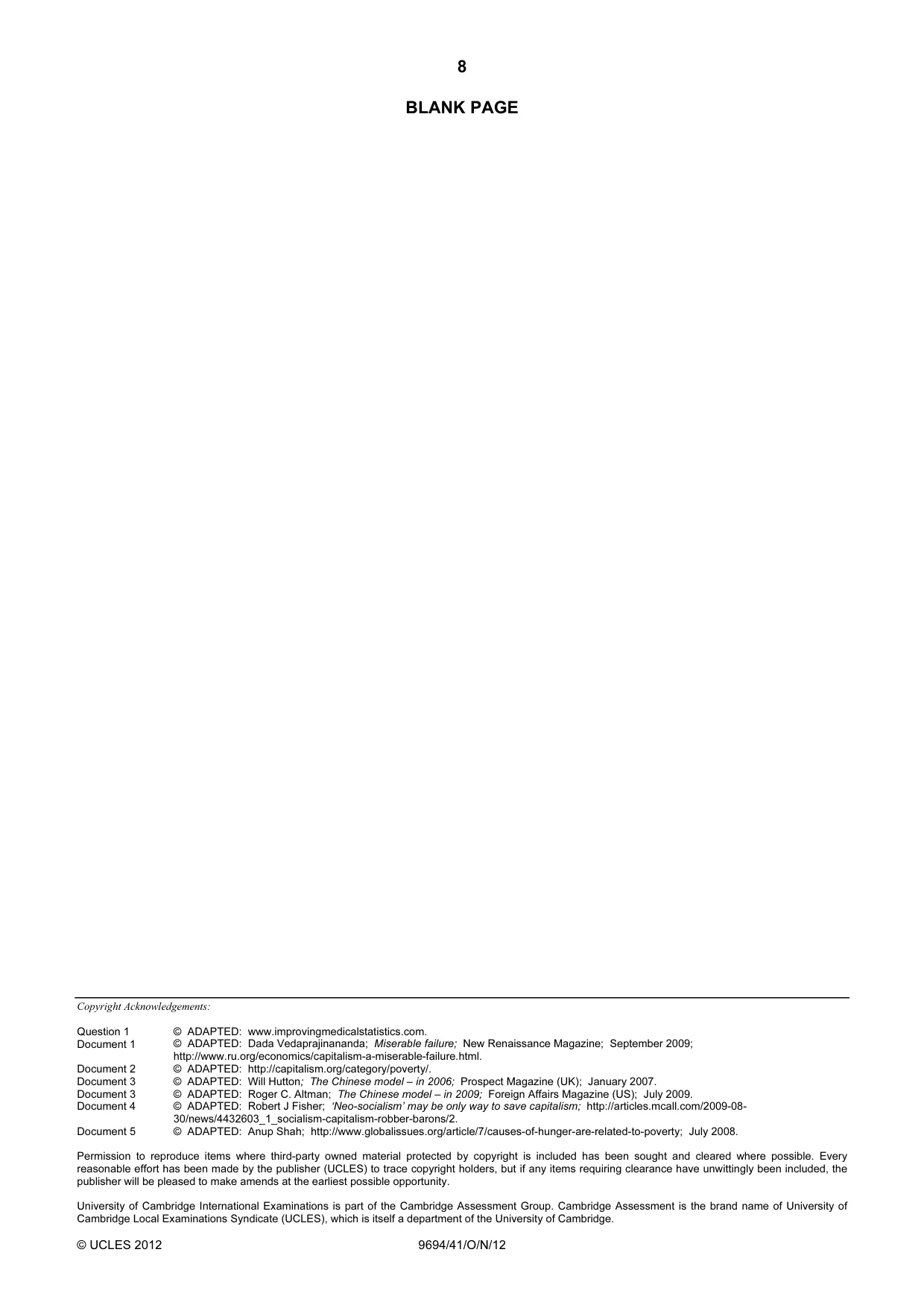 Cambridge A Level Thinking Skills 9694 2012 Oct/Nov Paper 4 · Variant 1 question paper, page 8 of 8