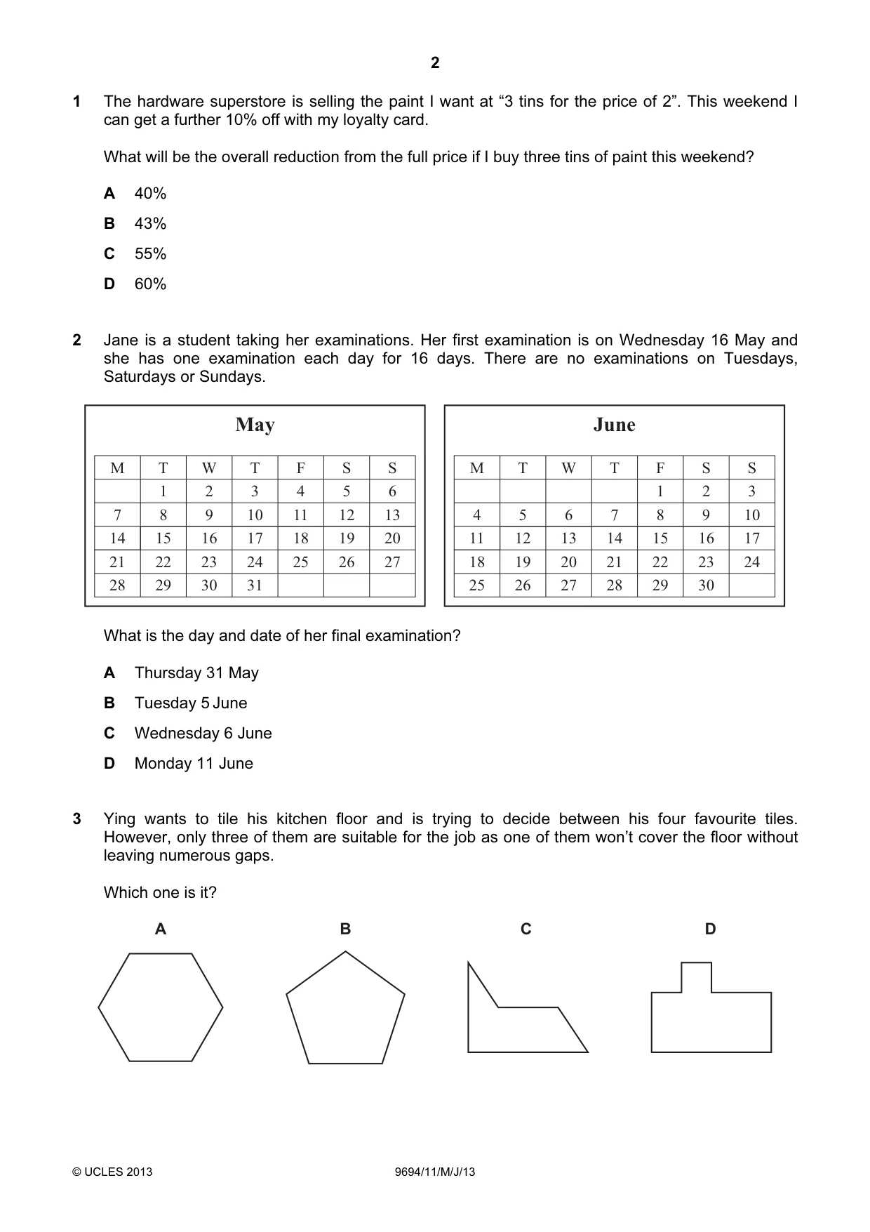 Cambridge A Level Thinking Skills 9694 2013 May/June Paper 1 · Variant 1 question paper, page 2 of 20