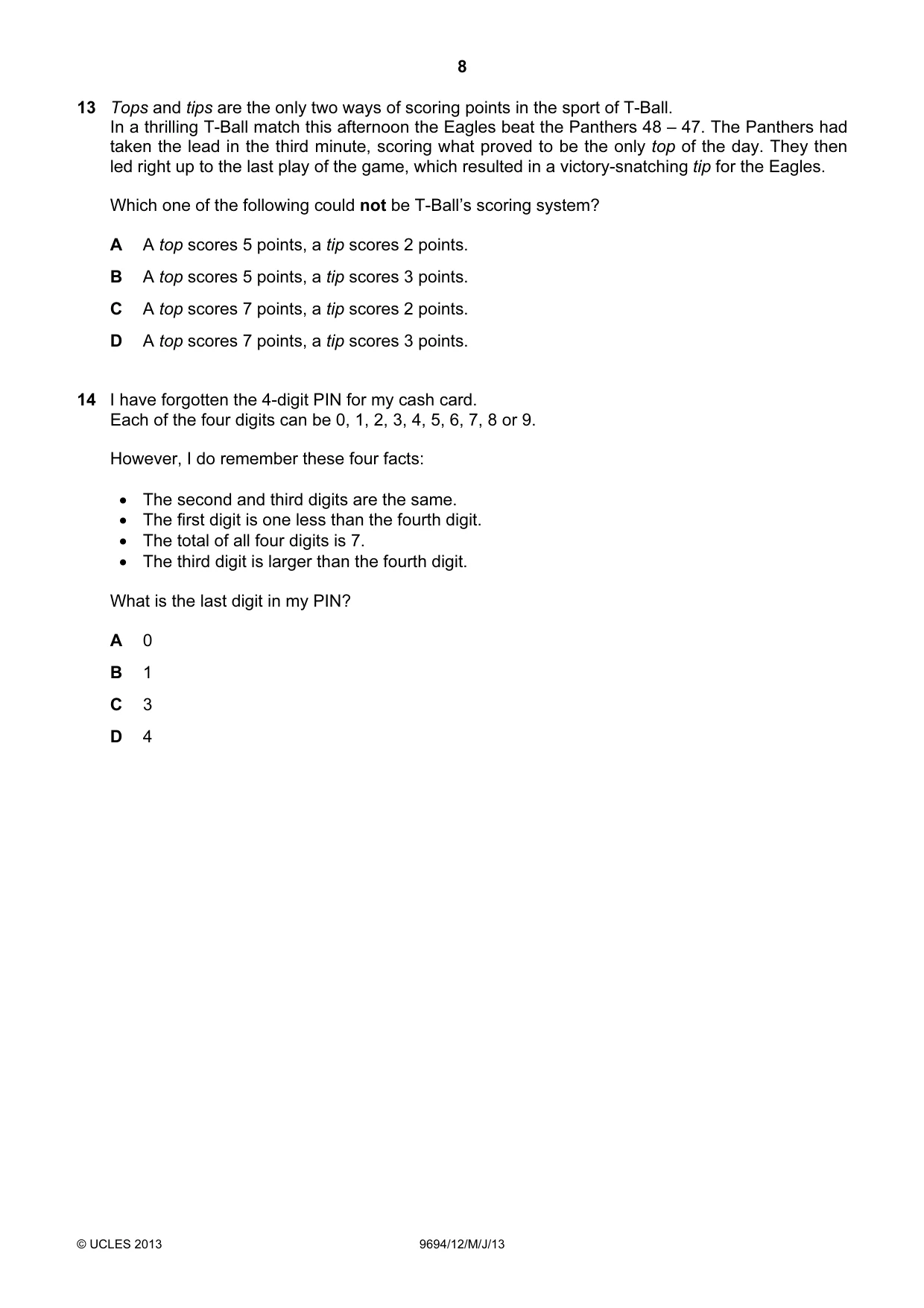 Cambridge A Level Thinking Skills 9694 2013 May/June Paper 1 · Variant 2 question paper, page 8 of 16