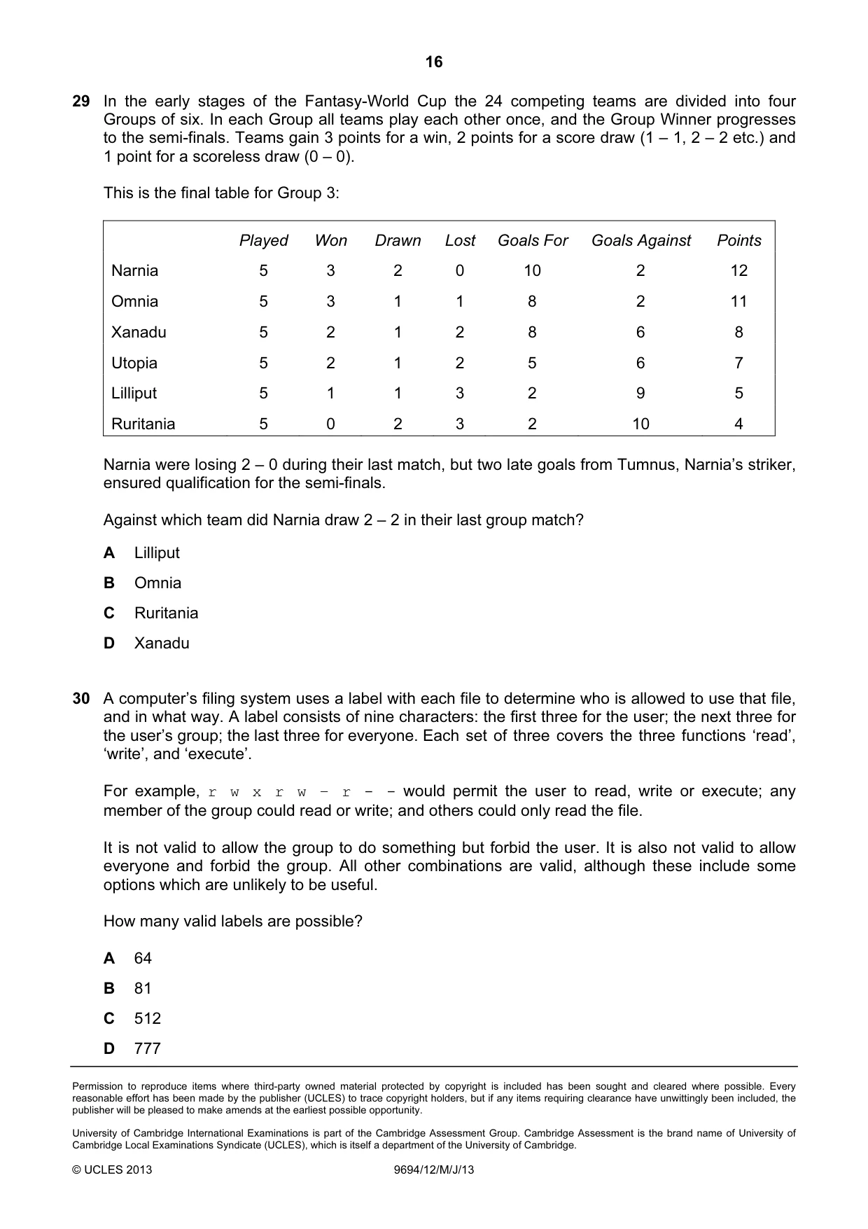 Cambridge A Level Thinking Skills 9694 2013 May/June Paper 1 · Variant 2 question paper, page 16 of 16