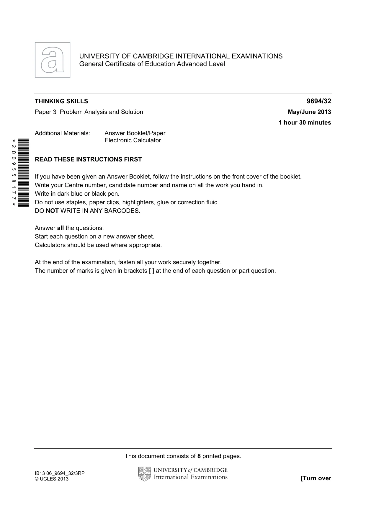 Cambridge A Level Thinking Skills 9694 2013 May/June Paper 3 · Variant 2 question paper, page 1 of 8