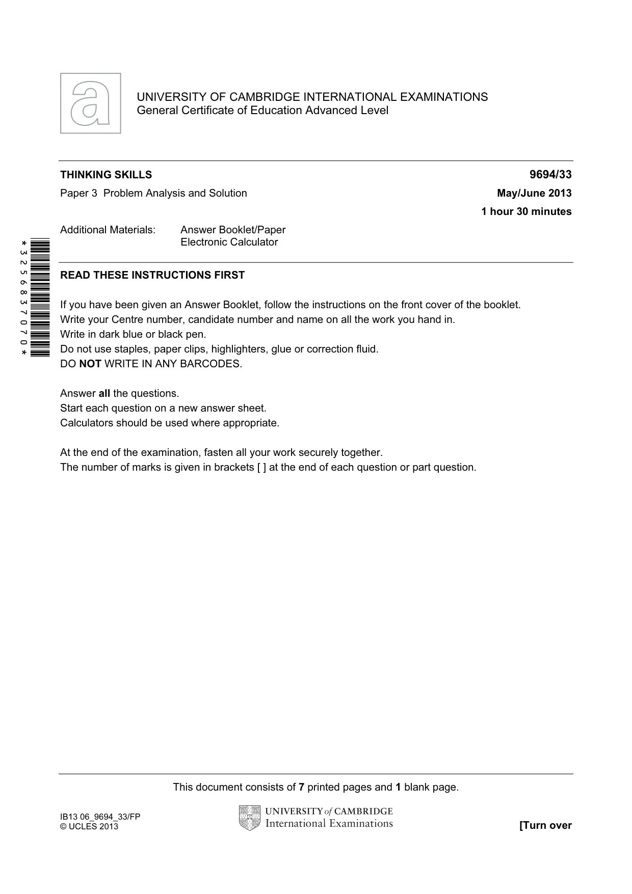 Cambridge A Level Thinking Skills 9694 2013 May/June Paper 3 · Variant 3 question paper, page 1 of 8