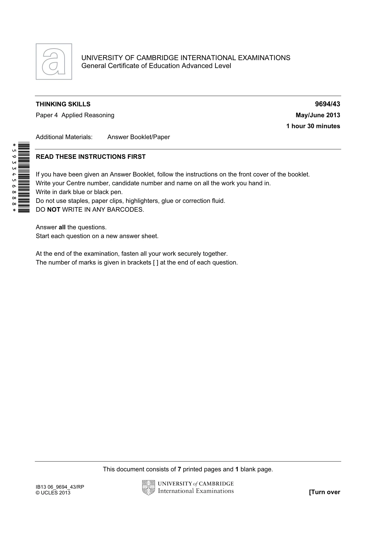 Cambridge A Level Thinking Skills 9694 2013 May/June Paper 4 · Variant 3 question paper, page 1 of 8