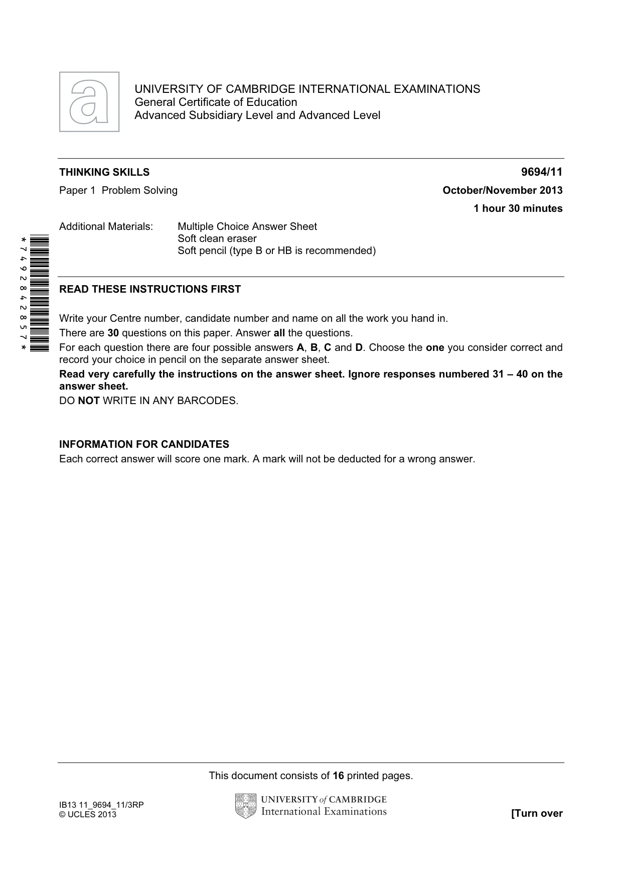Cambridge A Level Thinking Skills 9694 2013 Oct/Nov Paper 1 · Variant 1 question paper, page 1 of 16