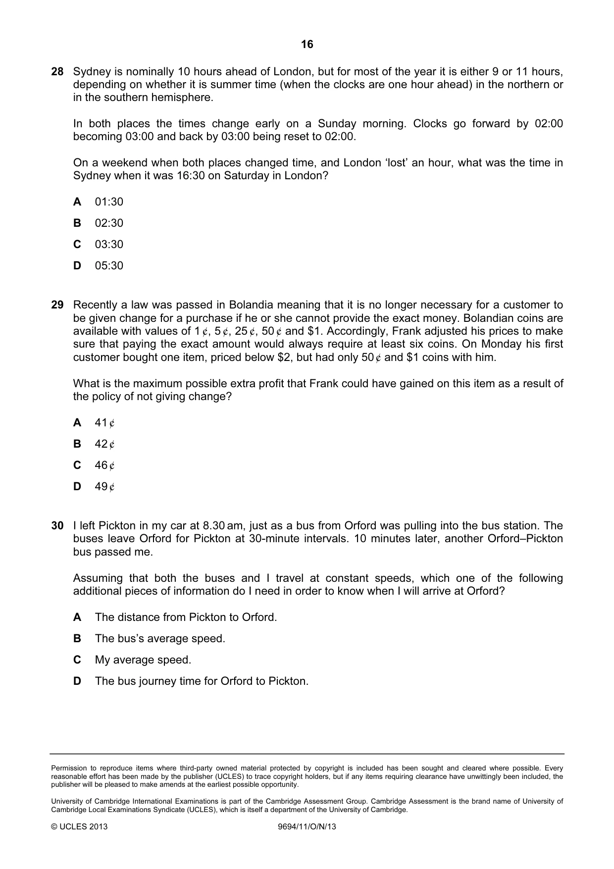 Cambridge A Level Thinking Skills 9694 2013 Oct/Nov Paper 1 · Variant 1 question paper, page 16 of 16