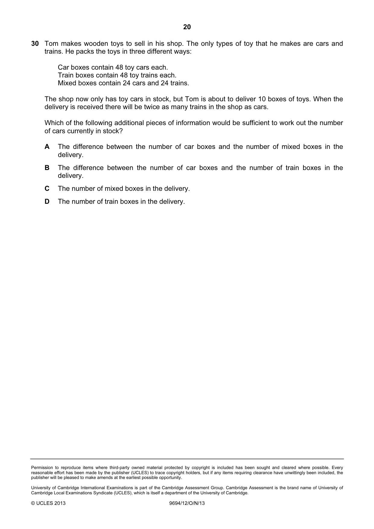 Cambridge A Level Thinking Skills 9694 2013 Oct/Nov Paper 1 · Variant 2 question paper, page 20 of 20