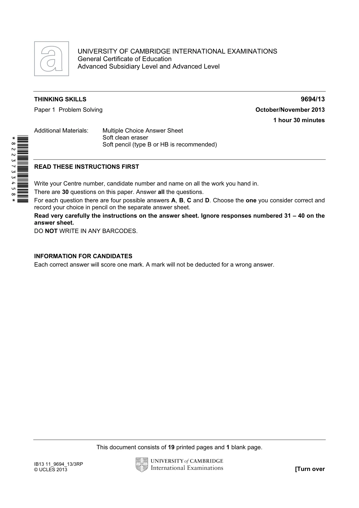 Cambridge A Level Thinking Skills 9694 2013 Oct/Nov Paper 1 · Variant 3 question paper, page 1 of 20