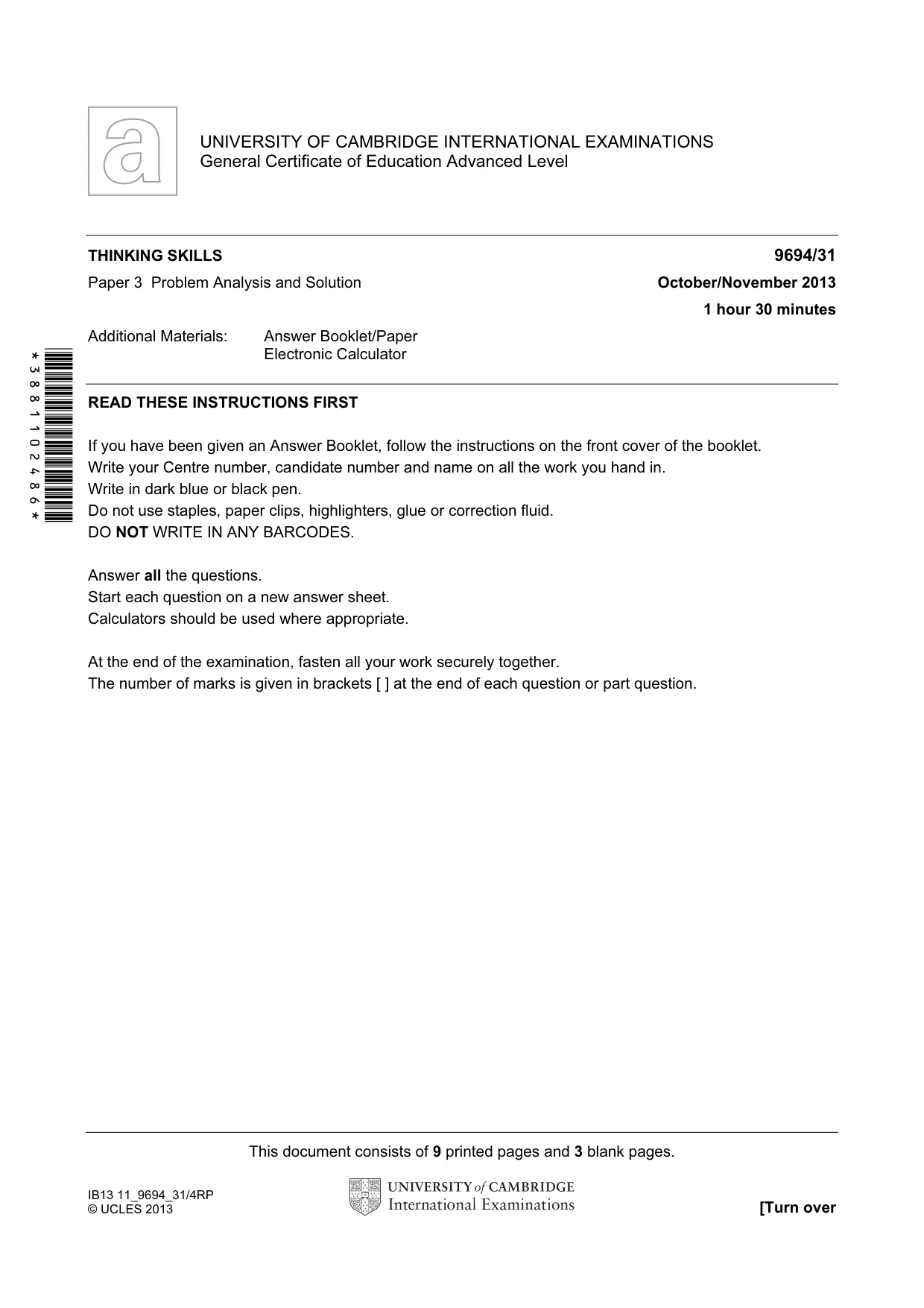 Cambridge A Level Thinking Skills 9694 2013 Oct/Nov Paper 3 · Variant 1 question paper, page 1 of 12