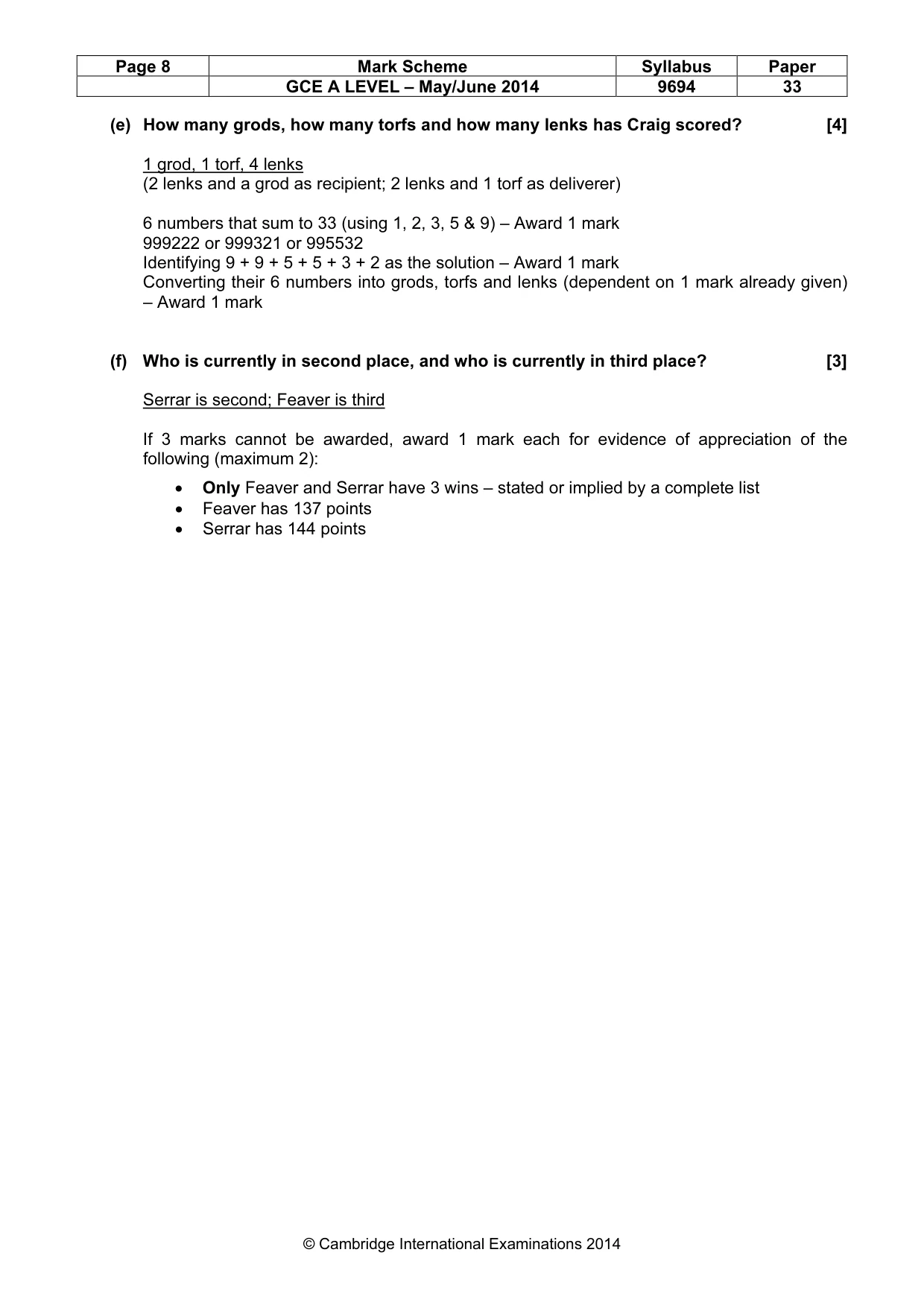 Mark scheme, page 8 of 8