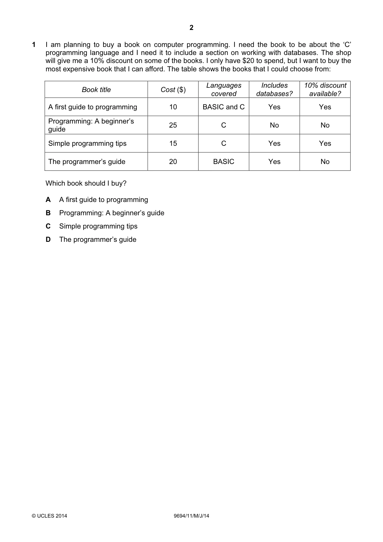 Cambridge A Level Thinking Skills 9694 2014 May/June Paper 1 · Variant 1 question paper, page 2 of 20
