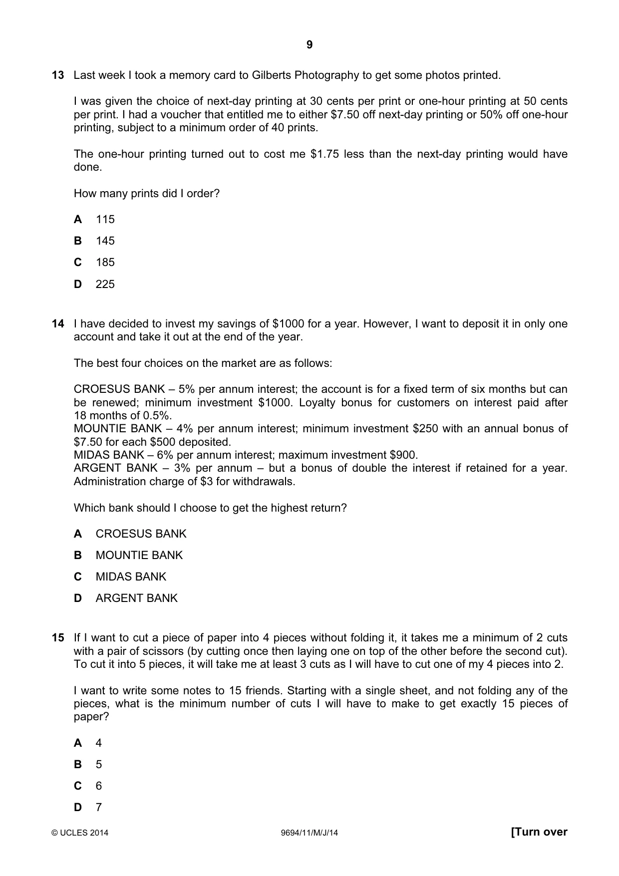 Cambridge A Level Thinking Skills 9694 2014 May/June Paper 1 · Variant 1 question paper, page 9 of 20