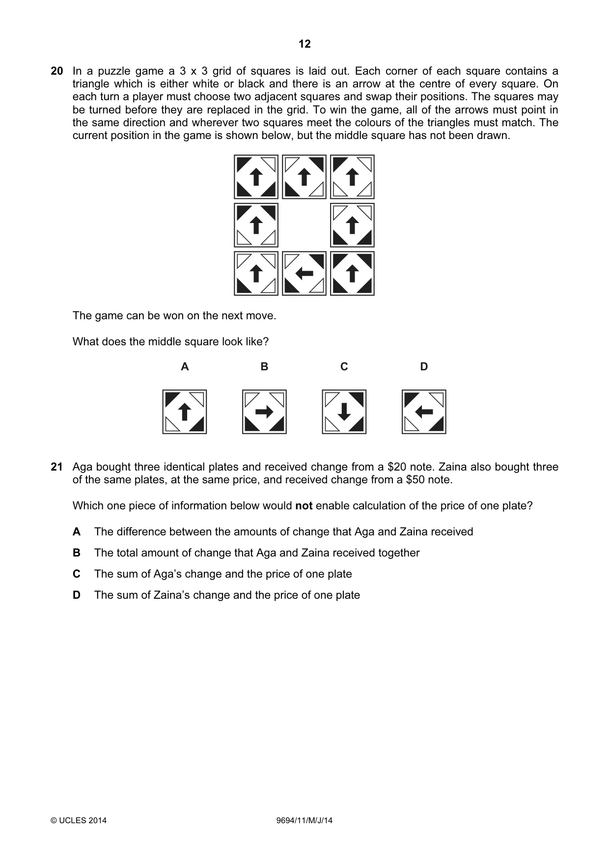 Cambridge A Level Thinking Skills 9694 2014 May/June Paper 1 · Variant 1 question paper, page 12 of 20