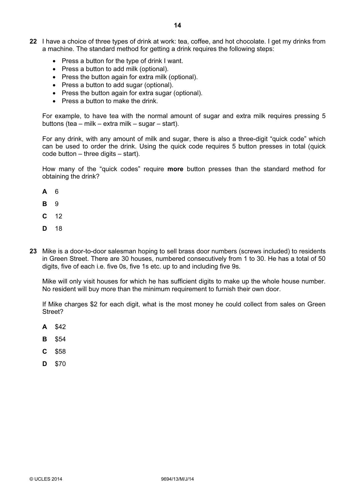 Cambridge A Level Thinking Skills 9694 2014 May/June Paper 1 · Variant 3 question paper, page 14 of 20