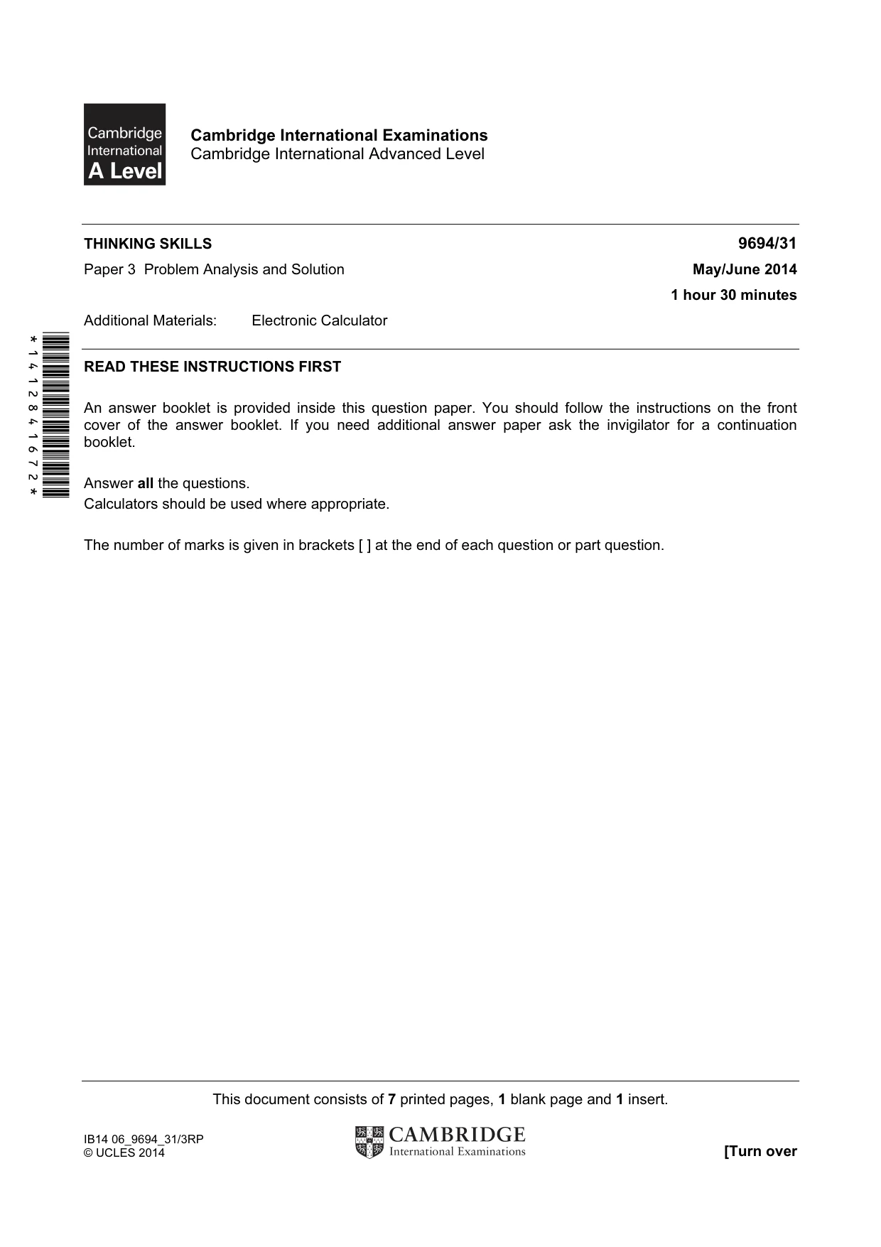 Cambridge A Level Thinking Skills 9694 2014 May/June Paper 3 · Variant 1 question paper, page 1 of 8