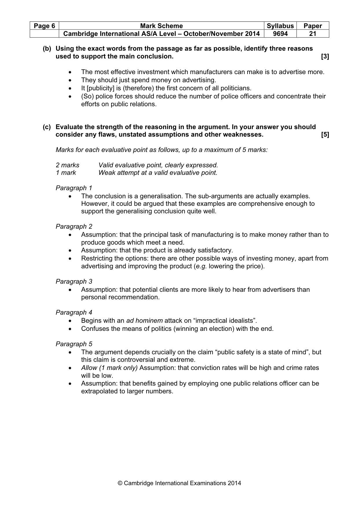 Mark scheme, page 6 of 7