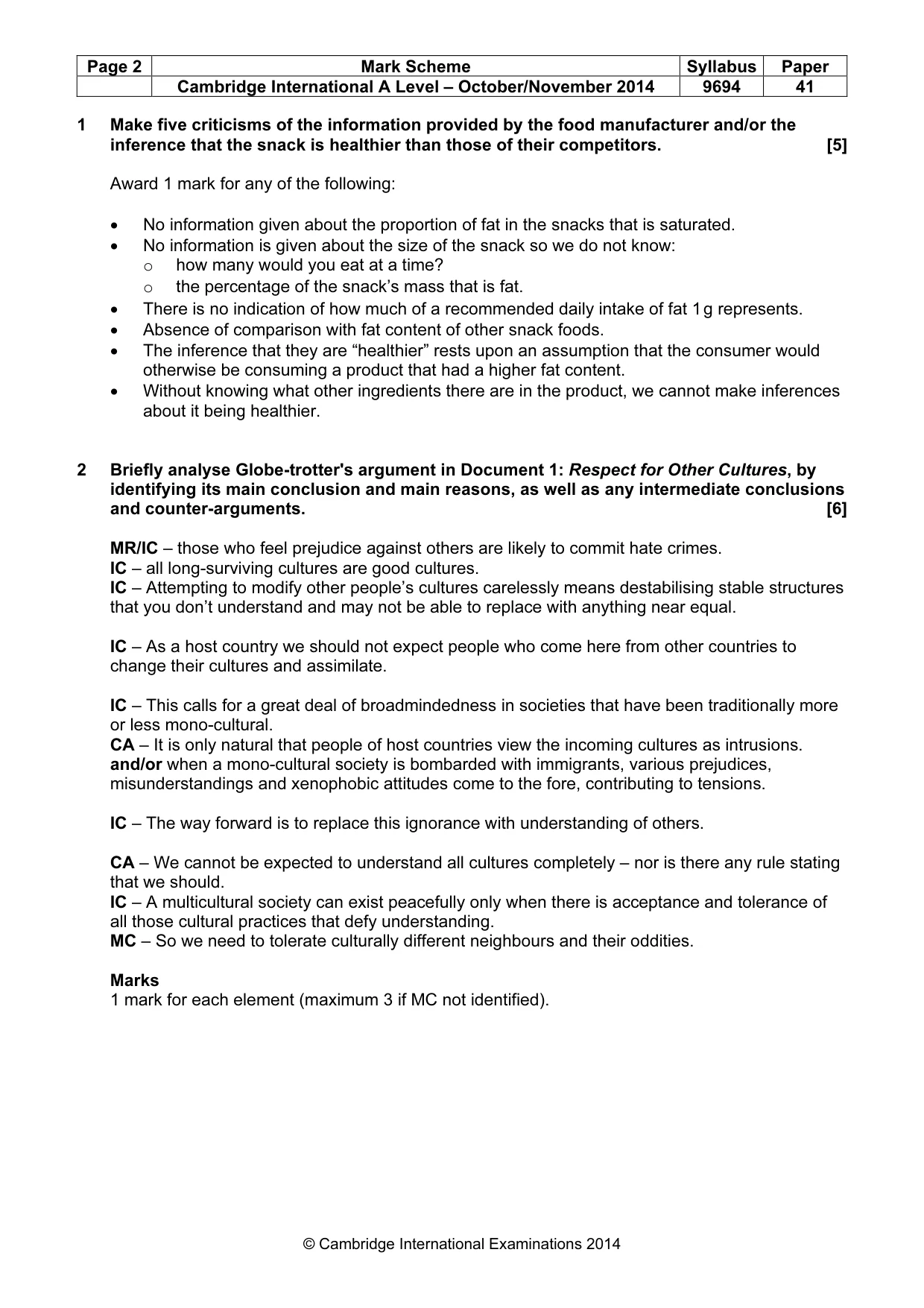 Mark scheme, page 2 of 5