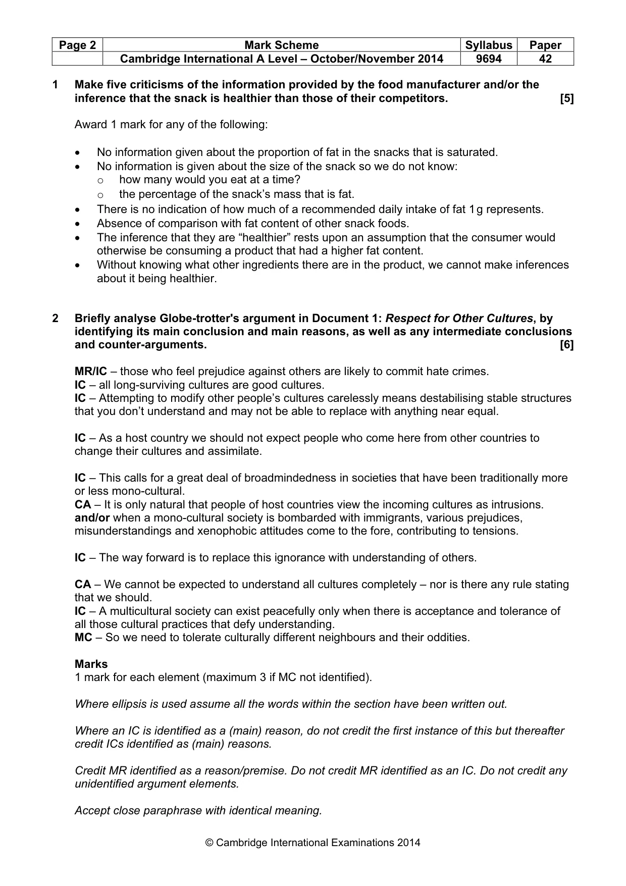 Mark scheme, page 2 of 5