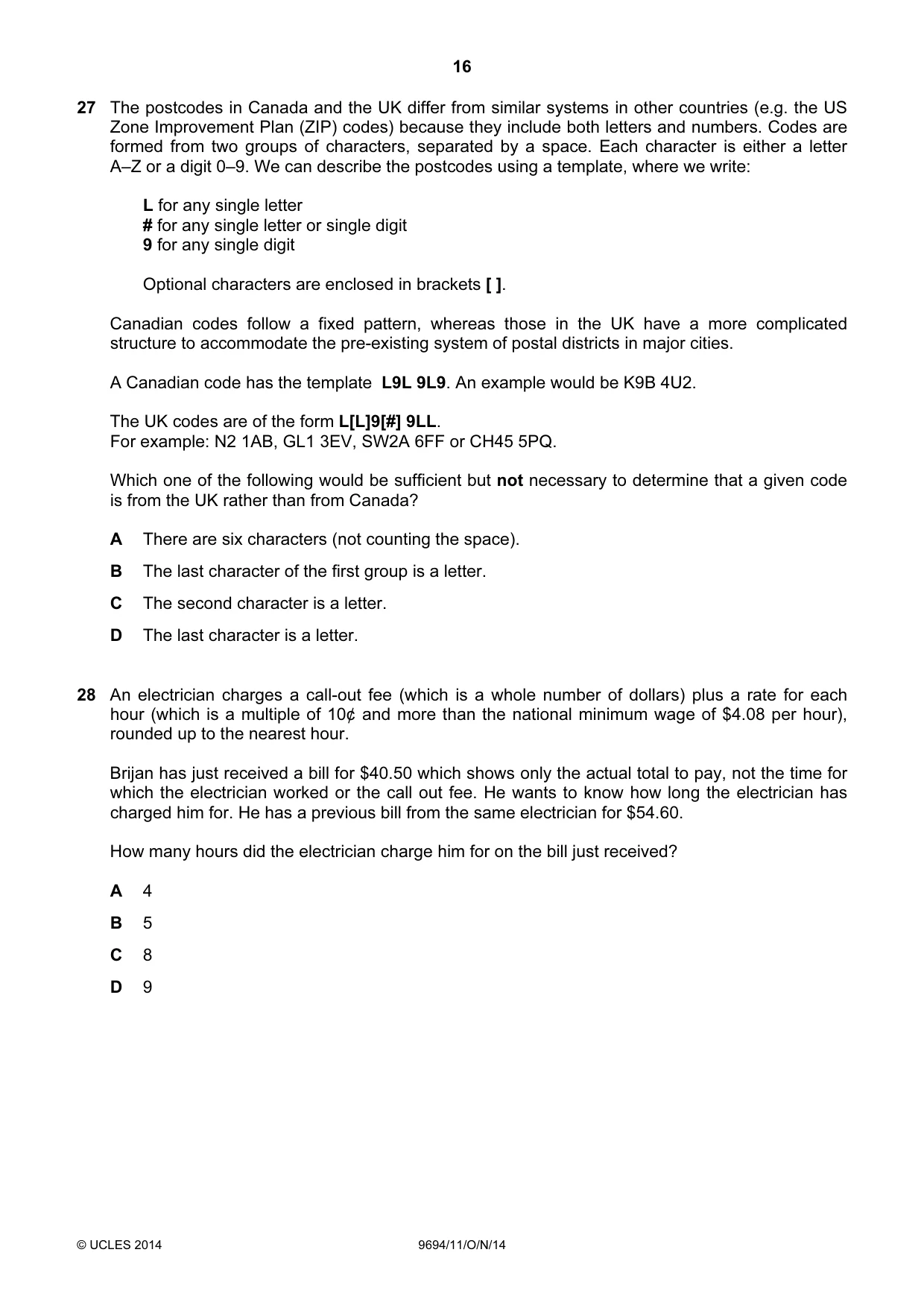 Cambridge A Level Thinking Skills 9694 2014 Oct/Nov Paper 1 · Variant 1 question paper, page 16 of 20