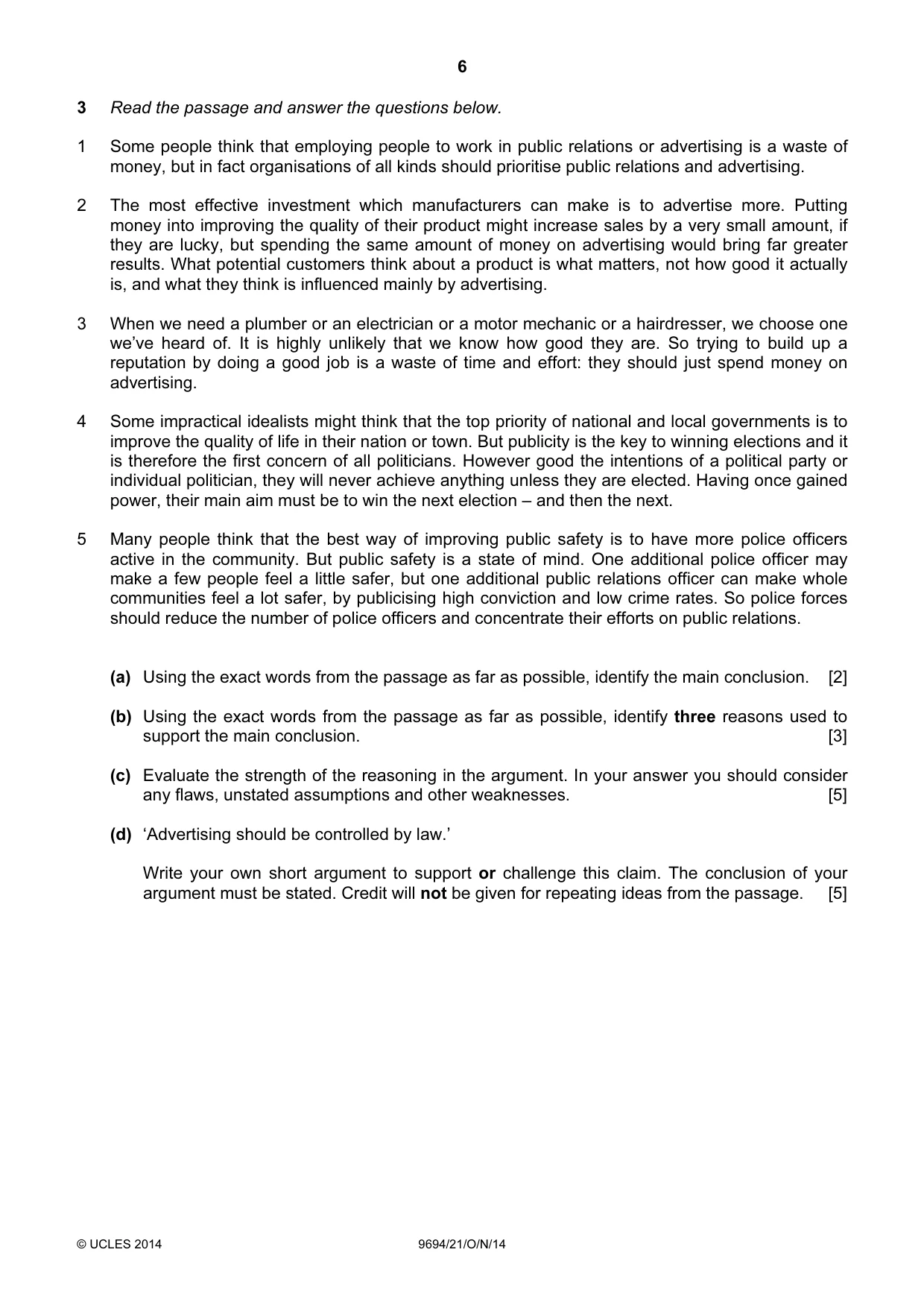 Cambridge A Level Thinking Skills 9694 2014 Oct/Nov Paper 2 · Variant 1 question paper, page 6 of 8